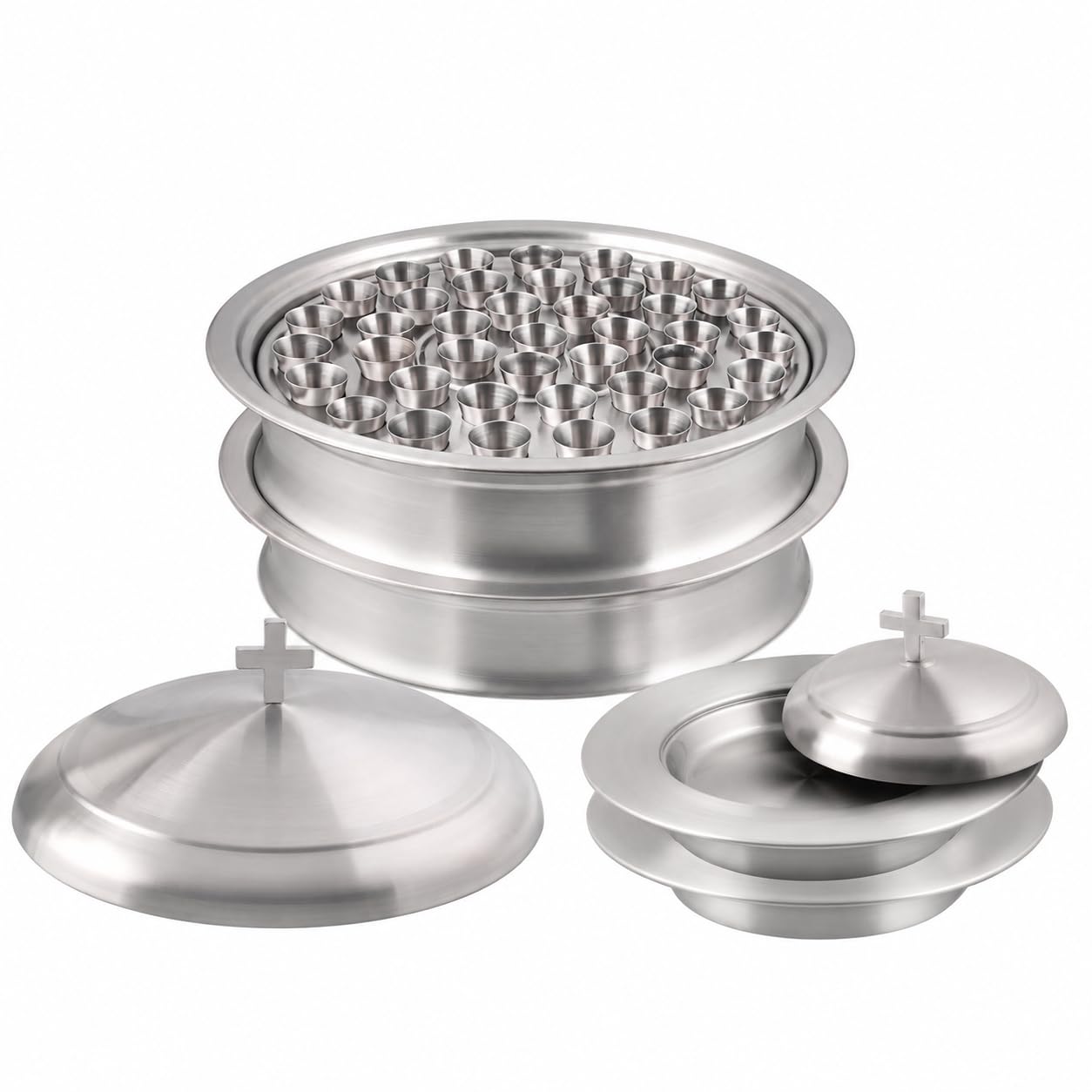 Kommuniongeschirr-Kirchenset | Stapelbar, 2 Kommuniontabletts mit Deckel und 2 Brotteller mit Deckel, 80 Becher enthalten | Ideal für Kirchen | Edelstahl – Satiniertes (mattes) Finish