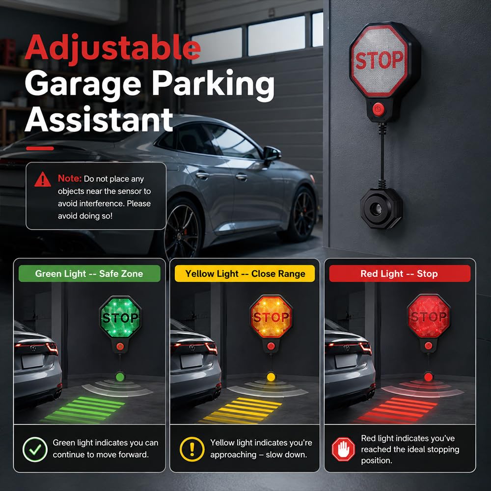 Einstellbare Garagen Einparkhilfe, SGZIOO Ultraschall Einparkhilfe Garage mit Rot-Gelb-Grüner LED-Anzeige, Präzise Abstandsmessung, Akustischer Optischer Alarm Parksensoren Hinten für PKW, SUV, LKW