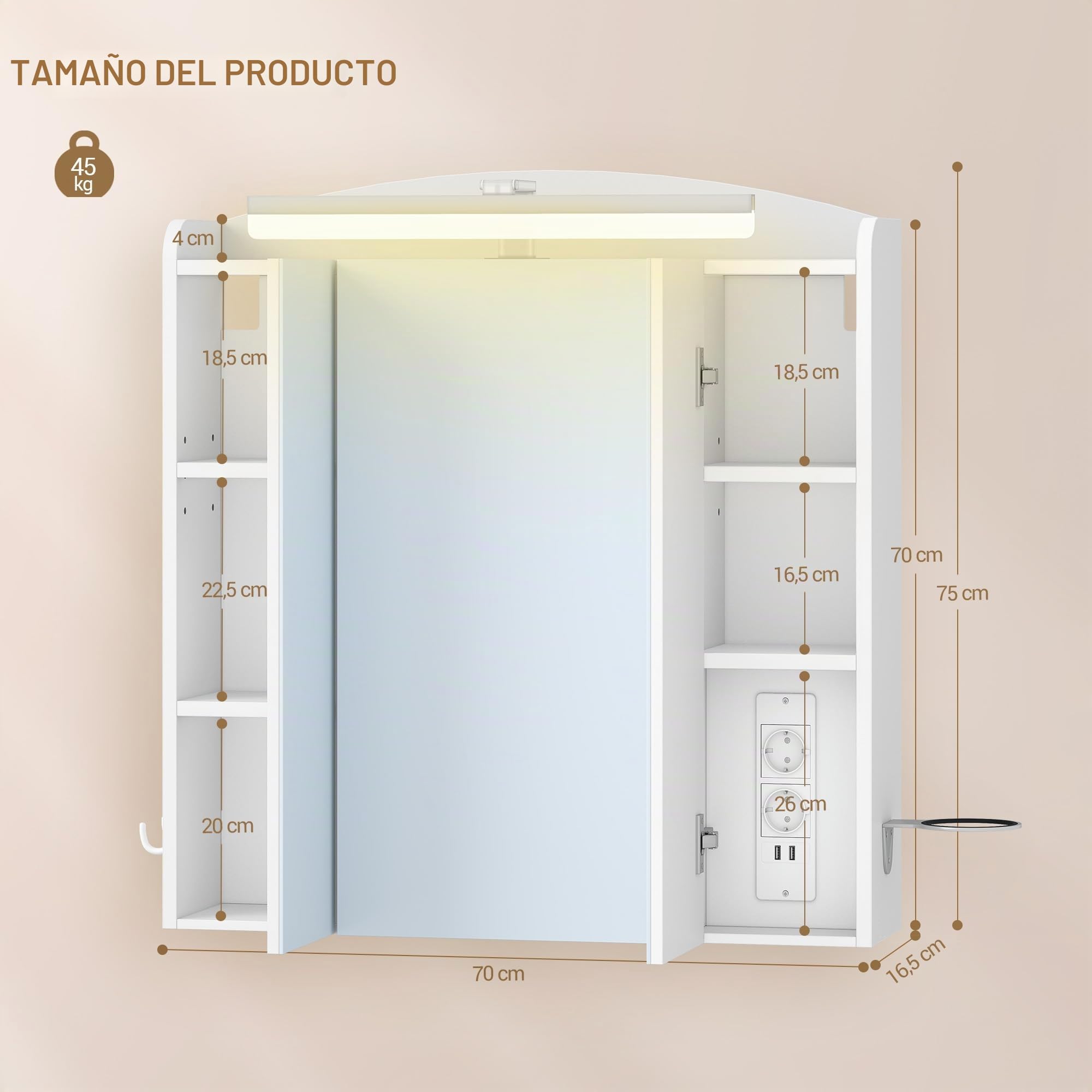 Hzuaneri Armario de Baño, con Espejo y Luz LED, 2 Enchufes CA + 2 USB, Mueble Espejo de Pared con Interruptor y Enchufe, Soporte para Secador de Pelo, Ganchos, Estantes Ajustables, Blanco MC00603XEU