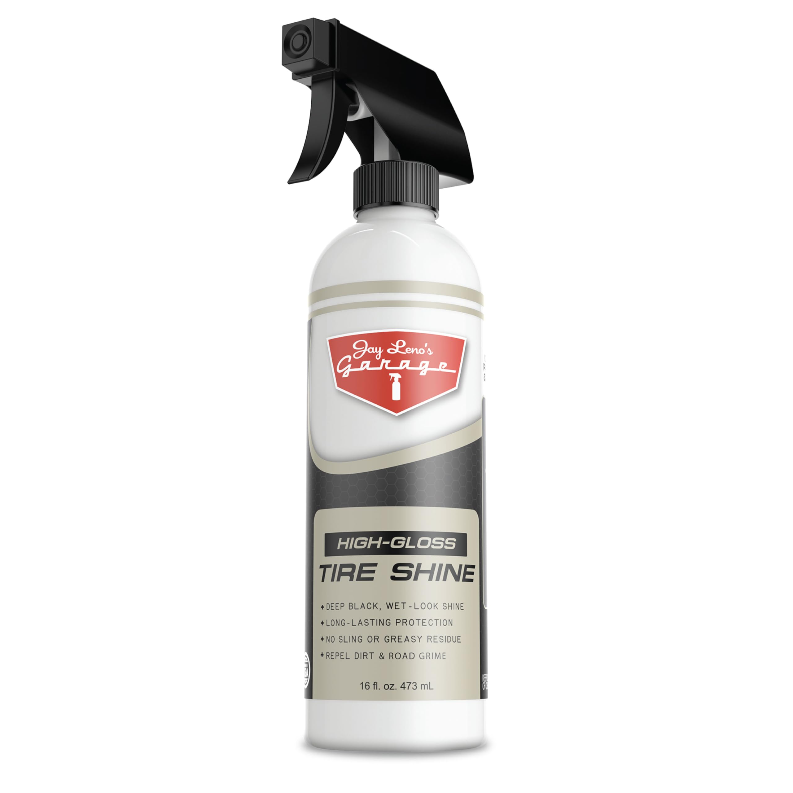 Jay Leno's Garage Tire Shine Delivers long-lasting High Gloss with a Deep Black Wet Look Glow. This Tire Dressing Spray and Car Tire Shine Work as Auto Detailing Care for Wheels and Tires – 16 oz.