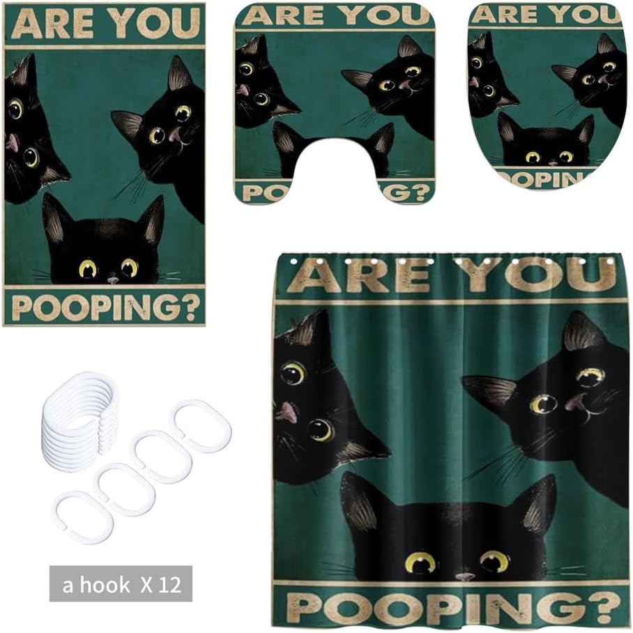 GUBIYU 4 Pcs Black Cat Shower Curtain Set with Rugs,Funny Animal Toilet Lid Cover, are You Pooping Bath Mat,Waterproof Animal Print Bathroom Decor Sets Accessories with 12 Hooks Bathroom Accessory