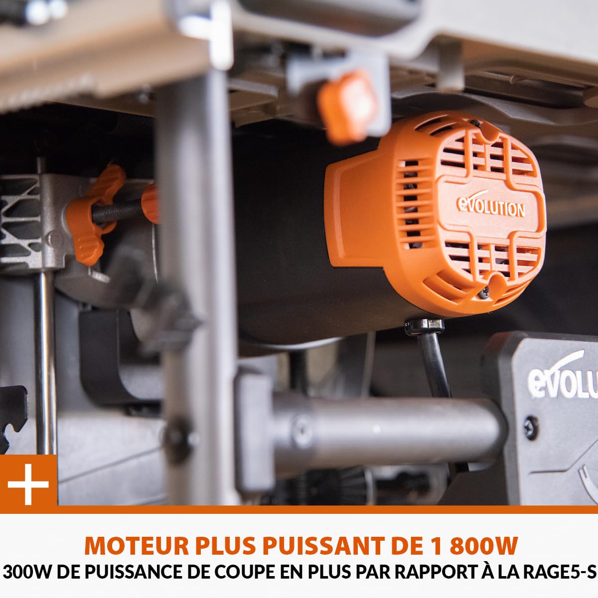 Evolution Power Tools R255TBL+ Scie De Table Rage 5-S Lame Multi-Matériaux 1800W Coupe Bois Métal Plastique Chanfrein 45° Onglet +/-60°