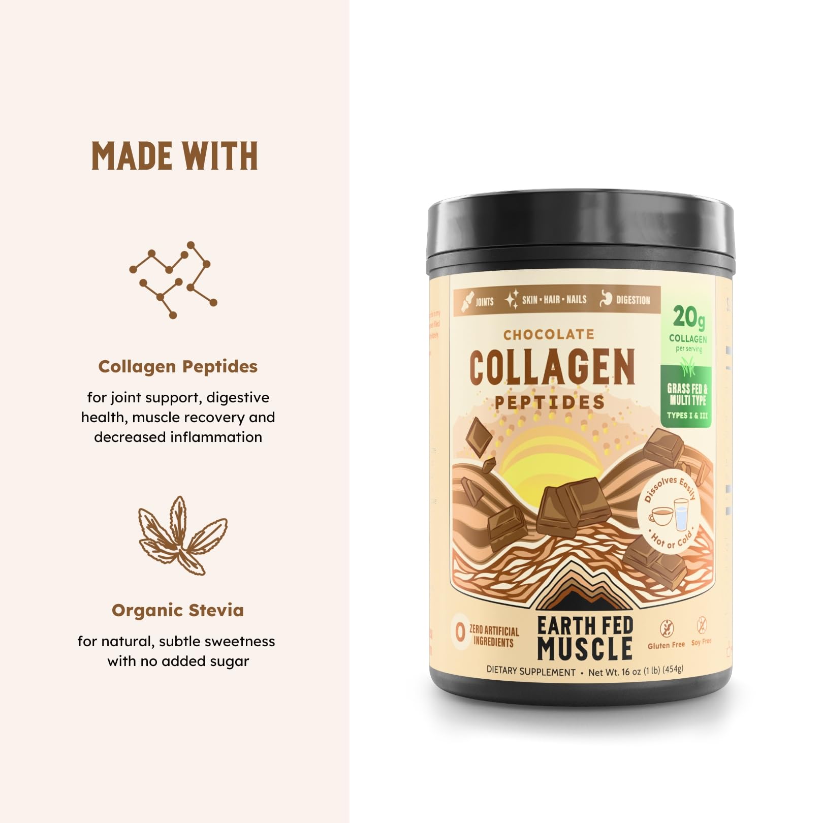 Earth Fed Muscle Chocolate Collagen Peptides Powder – Grass Fed Hydrolyzed Collagen for Women & Men - Healthy Bones, Skin & Hair - Types 1 & 3 Collagen Powder, 20g Per Serving, 19 Servings