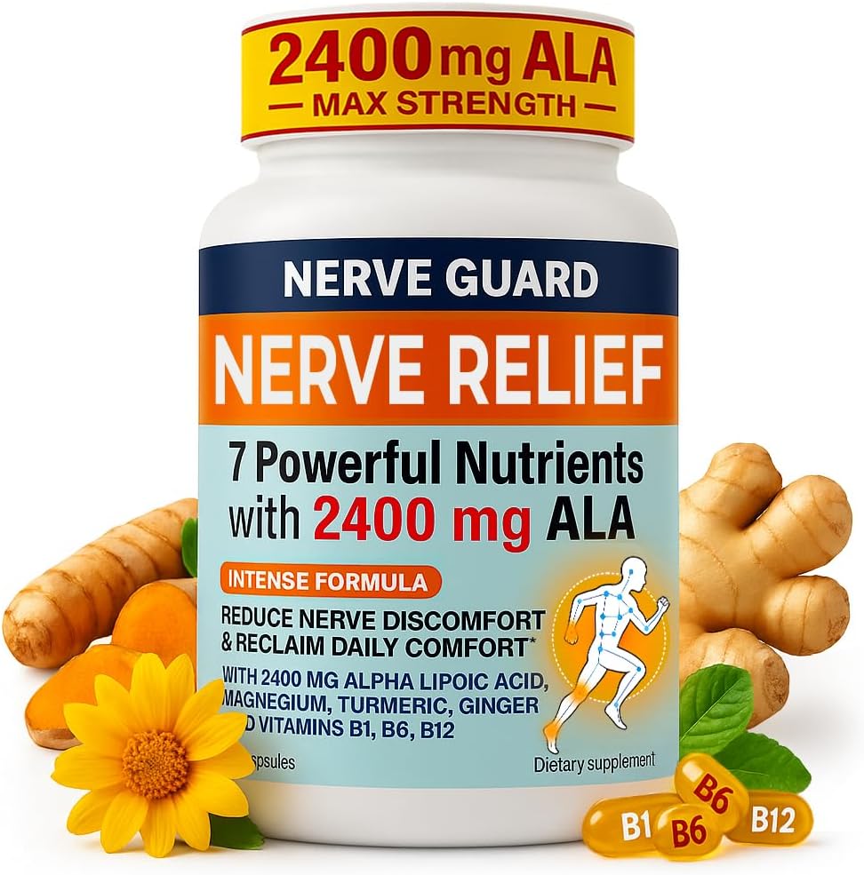 Nerve Relief Supplement with 2400 mg Alpha Lipoic Acid to Reduce Nerve Discomfort in Feet Hands Toes  Maximum Strength 2400mg ALA, Vitamins B12 B6 & B1, Magnesium  Sciatica Support  60 Capsules