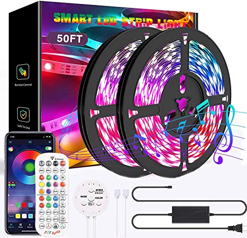 50ft LED Strip Lights with Remote Music Sync LED Lights for Bedroom App Control Color Changing SMD5050 RGB LED Light Strips for Bedroom, Desk, Dorm, TV, Rooms(APP+Remote+Mic+Button Switch)
