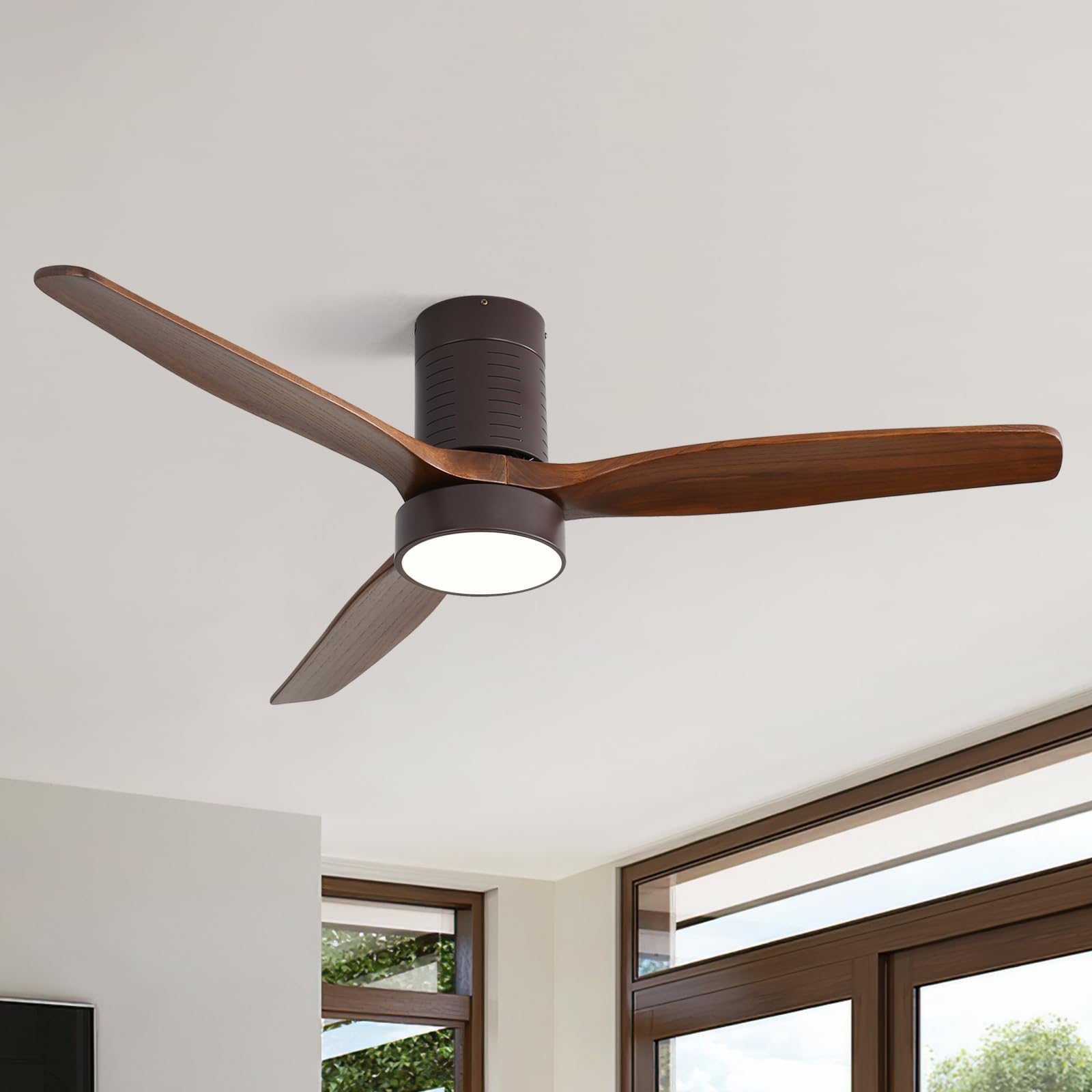 Sofucor 52 Inch Ceiling Fans with Lights, Indoor/Outdoor Ceiling Fan with Light and Remote, Quiet DC Reversible, Dimmable, Flush Mount, 3 Blade Solid Wood Ceiling Fans or Patio Bedroom Farmhouse