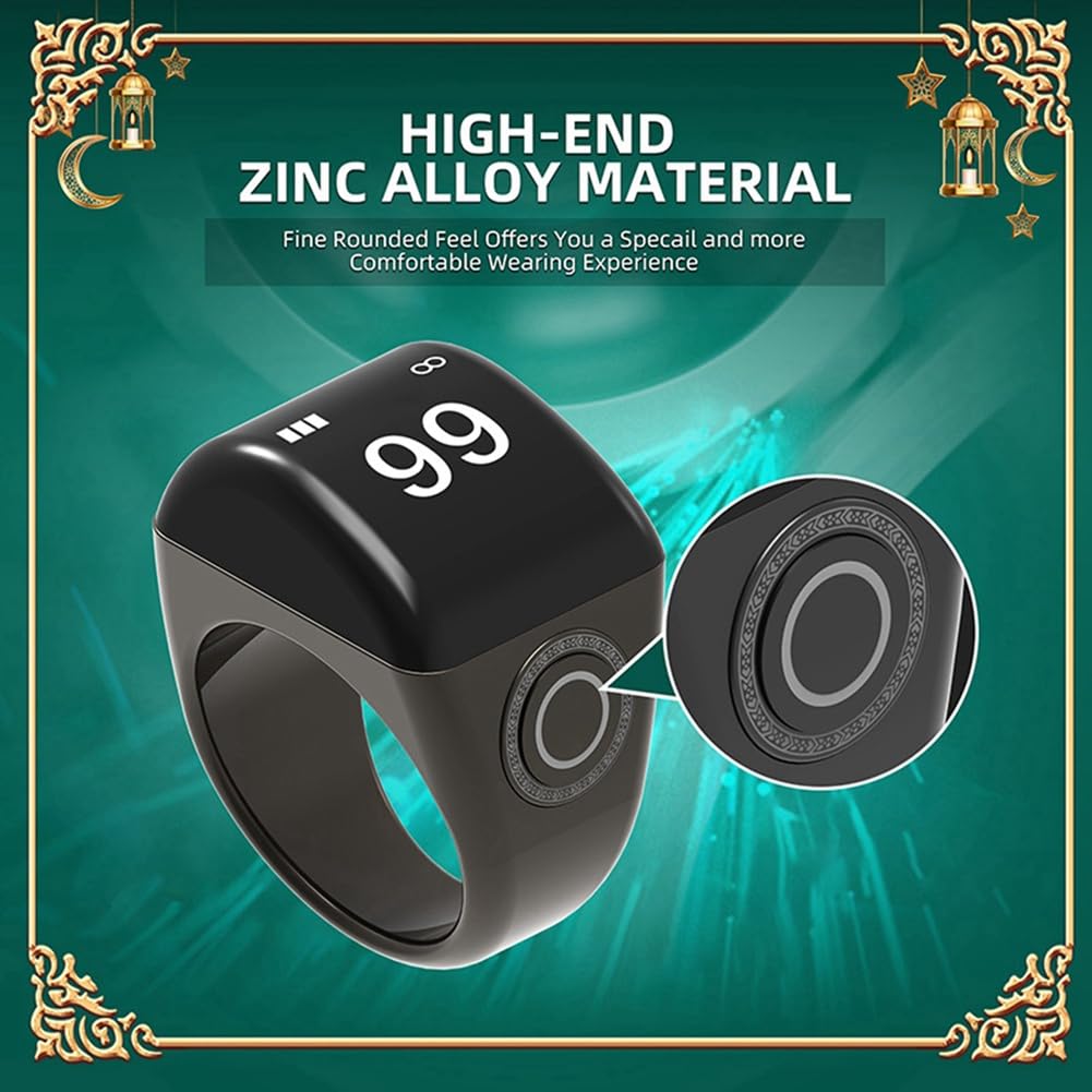 Bloepum Zinc Alloy Smart Ring with Charging Box Waterproof Digital Counter APP Controlled Display 5 Prayer Time Reminders Silver,18mm