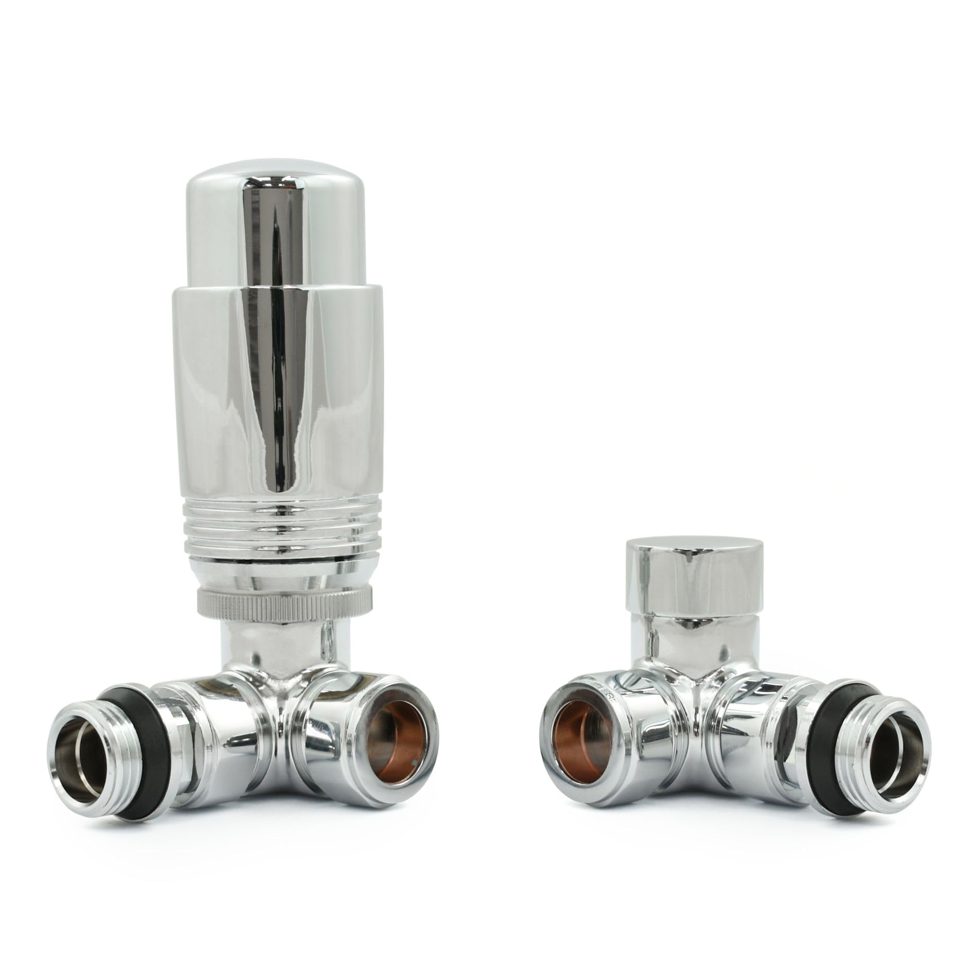Valvola termostatica per radiatore Marella 3 Moderna ad angolo TRV. Include corpo TRV, testa ruota e scudo di blocco per un controllo rapido e semplice della temperatura.