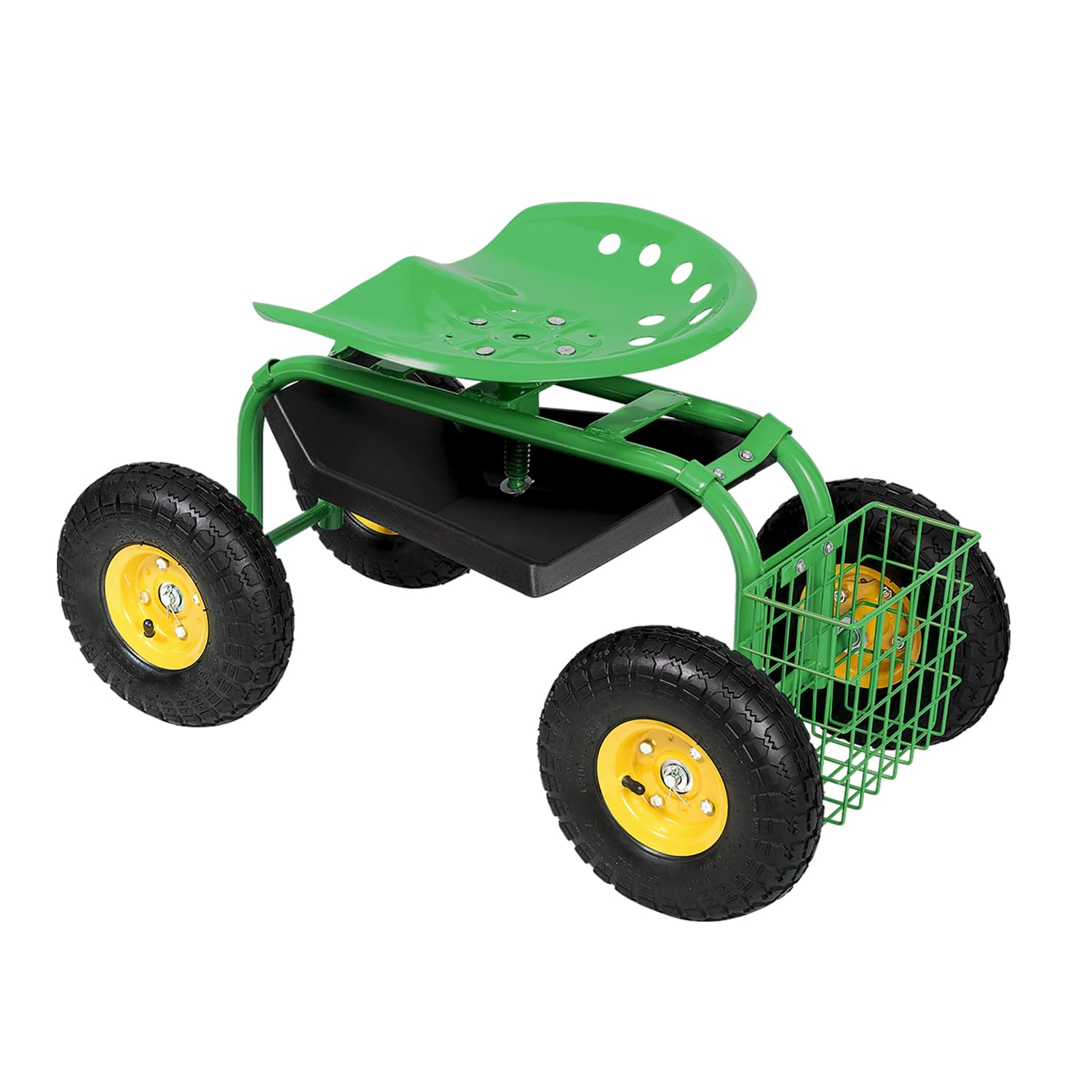GOPLUS Asiento de Jardín Giratorio de 360°, Cesta de Almacenamiento para Herramientas, Taburete y Asiento de Trabajo Exterior, Altura Ajustable, para Jardinería y Plantación, Carga 150 kg (Verde)