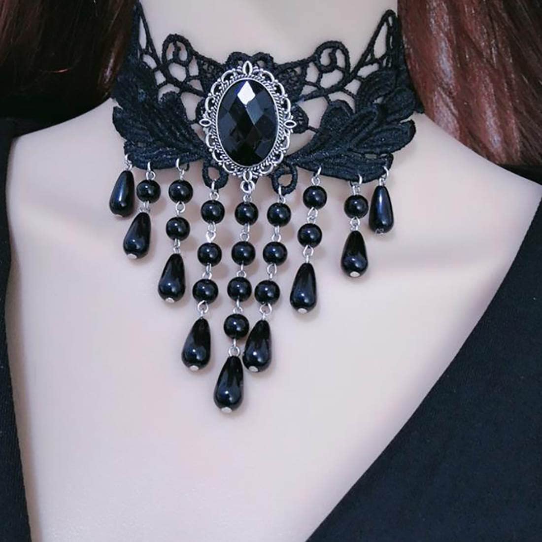 Collane con girocollo in pizzo nero gotico di Prosy Halloween Gioielli con girocollo con nappa regolabile per donne e ragazze (A