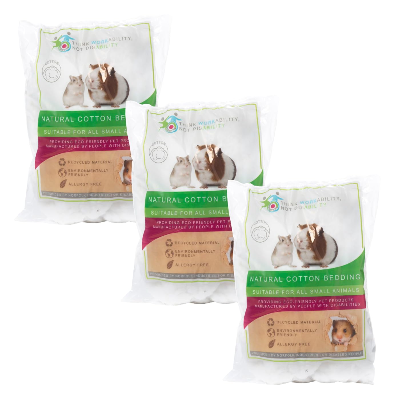 Norfolk Industries Cotton Bedding 3 x 60g Bag | Safe, Dust-Free, Recycled, Small Animal Bedding, Mice, Rats, Hamsters, Gerbils