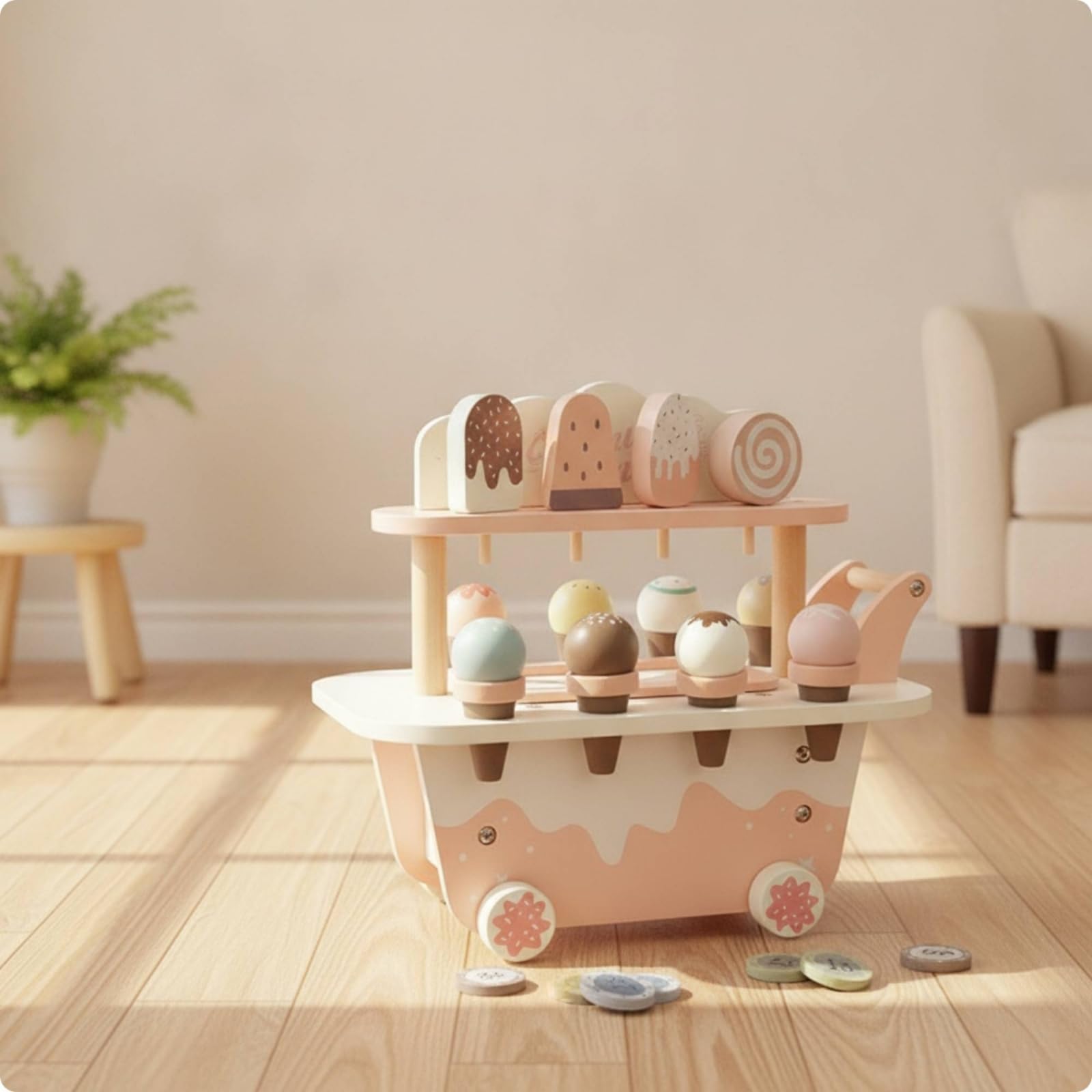 Kinder Spielzeug Eiswagen Holz Kinder Spielfahrzeug Spielset Verkaufsstand Rollenspiel mit Motorikfördernden Aktivitäten Und Teilen für Lernumgebung Vorschule Kinderzimmer