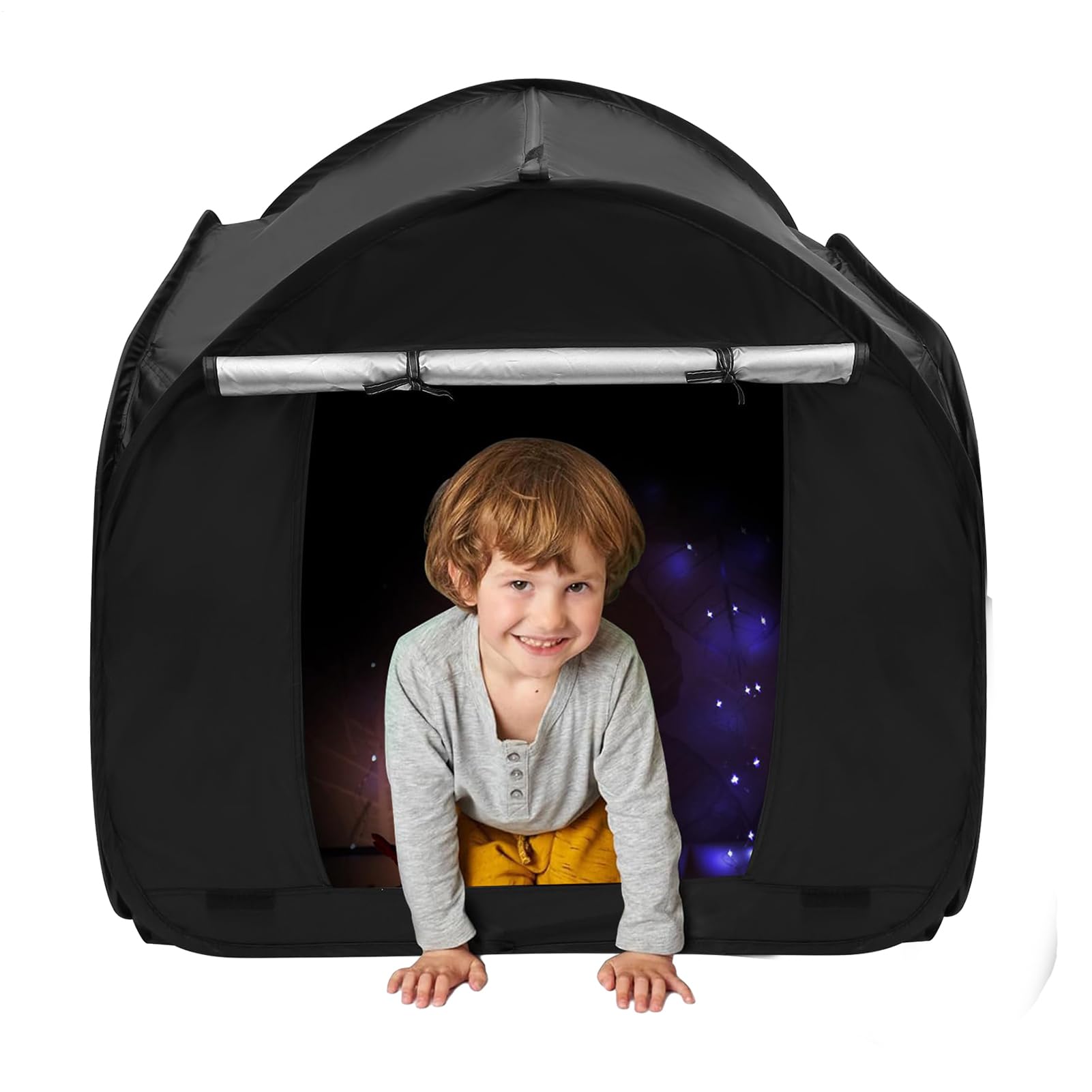 Tienda Sensorial,Tienda Sensorial para Niños,Guarida escondite calmante | Black Out extra grande - Fuerte escondite sensorial recubierto de plata con persiana enrollable y puerta que mejora el enfoqu