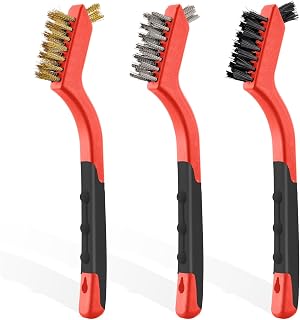 MAXMAN Wire Brush Set 3-Pack, Small Wire Brushes for Cleaning, Rust Remover, Dirt Cleaner, Metal Brush, Paint Scrubbing, 7" Deep Clean Detailing Tools, Brass/Stainless Steel/Nylon Bristles, Red.