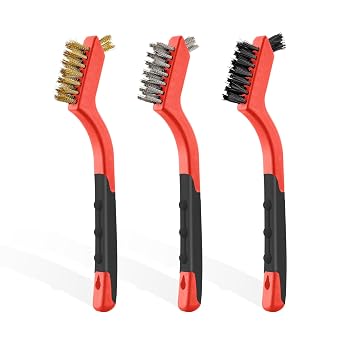 MAXMAN Wire Brush Set 3Pcs, Small Wire Brushes for Cleaning, Rust Remover, Scrub Brush, Detailing Brush, Metal Brush, Stainless Steel/ Brass/ Nylon Bristles Bristle Brush, Scratch Brush, Red