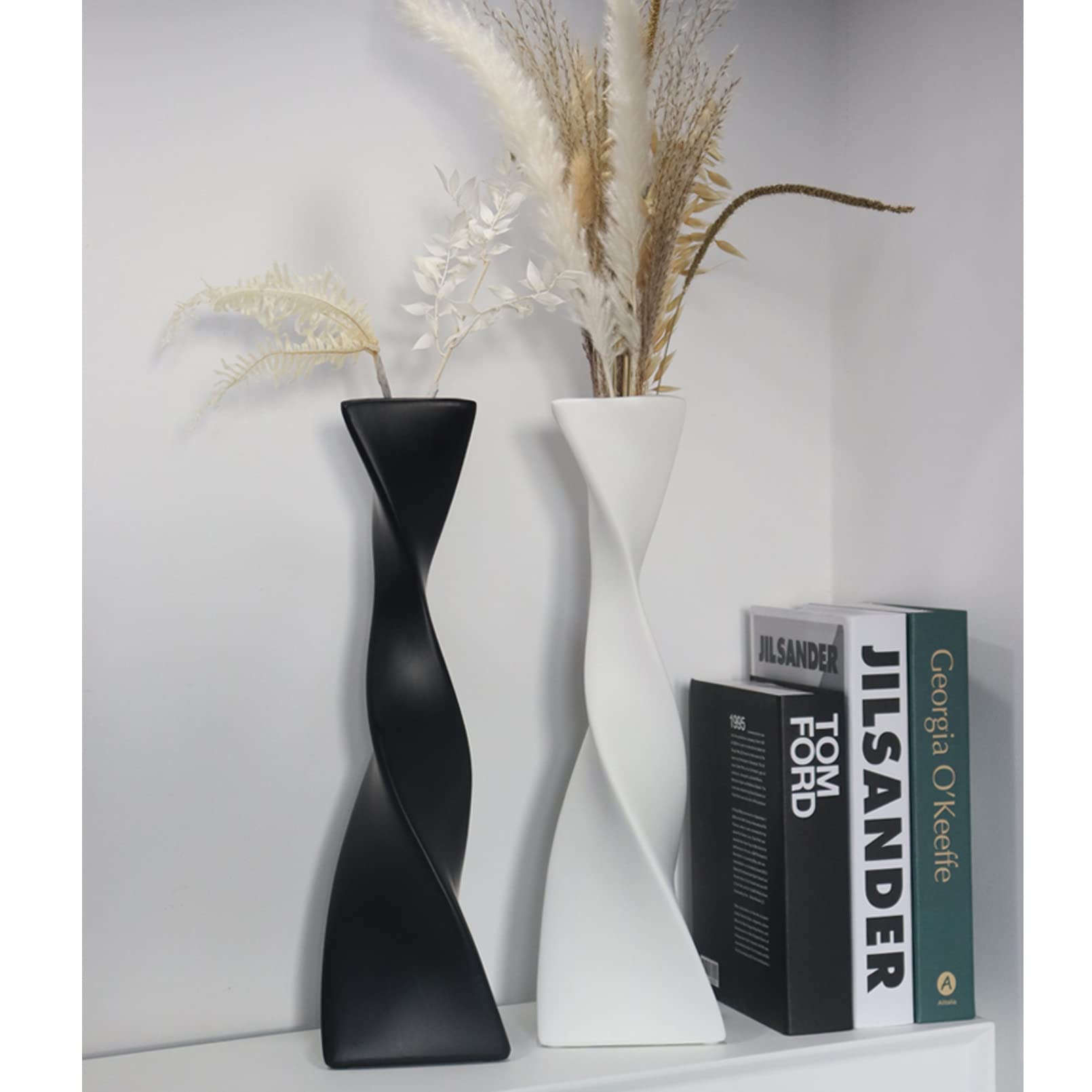 Cutfouwe Schwarze/Weiße Vase-Große Bodenvase-2er Set Moderne Keramik Vase für Pampasgrasfür Wohnzimmer, Küche, Tisch, Hochzeit oder als Geschenk, Höhe 40 cm,Vasen Set