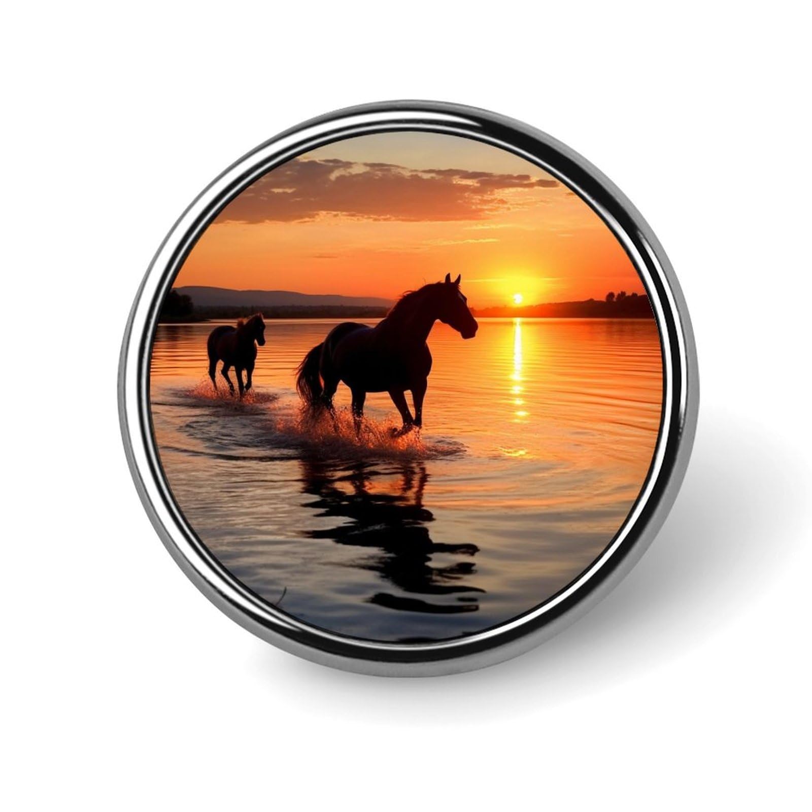 Sunsets Lake Horses Brooch Pins Round Pin Brooches for Women Men Enamel Pins, Round Button Pin, Metal Badge Brooch Party Costume Accessory, Christmas Birthday Gifts