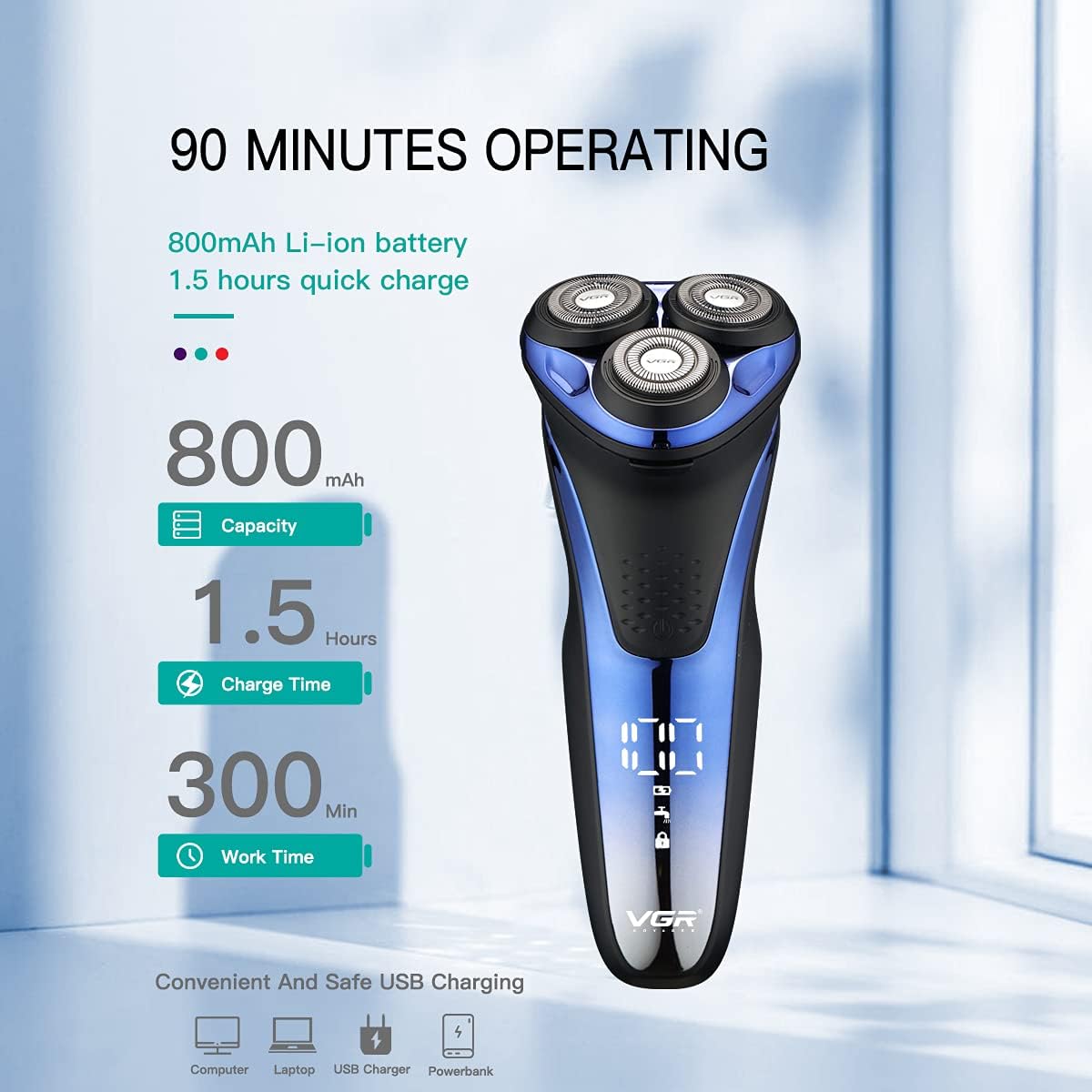 VGR V-306 Electric Shaver displaying battery capacity, charge time, and work time, highlighting USB charging compatibility.