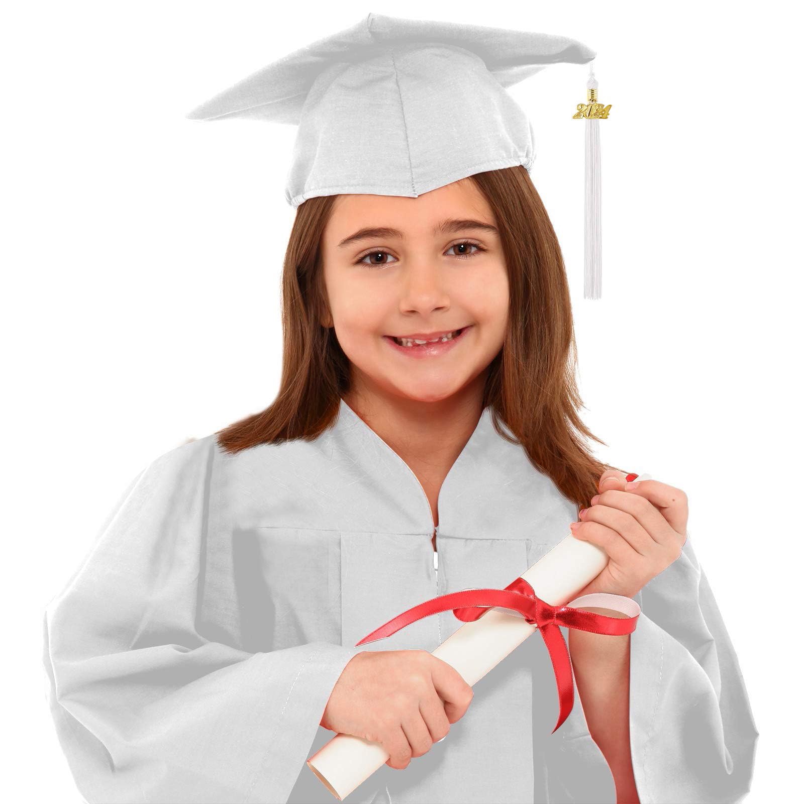 4PCS 2025 Kids Graduation Gown and Cap with Tassel Primary School Kindergarten Preschool Graduation Gown + Hat + Tassel + Sash Set, Photoshoot Outfits Dress Up Props for Boys Girls 2-12 Years White