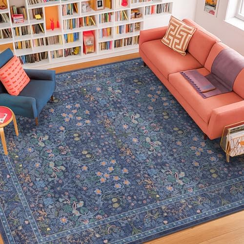 Dark Navy Blue Living Room Rug 5x7 Area Rug - Vintage Floral Fore...