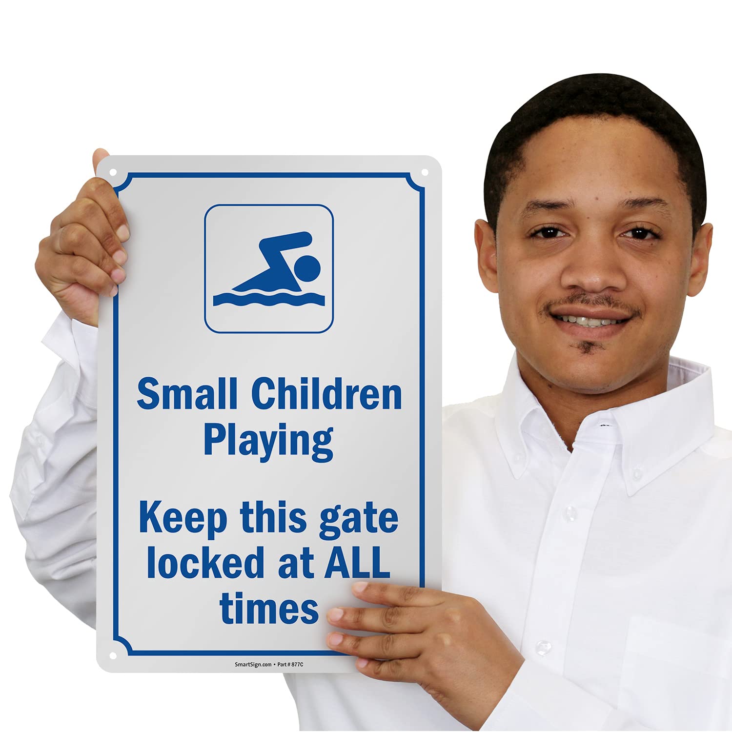 SwimmingPoolSigns 14 x 10 inch “Small Children Playing - Keep This Gate Locked At All Times” Sign with Symbol, Digitally Printed, 55 mil HDPE Plastic, Blue and White, Made in USA