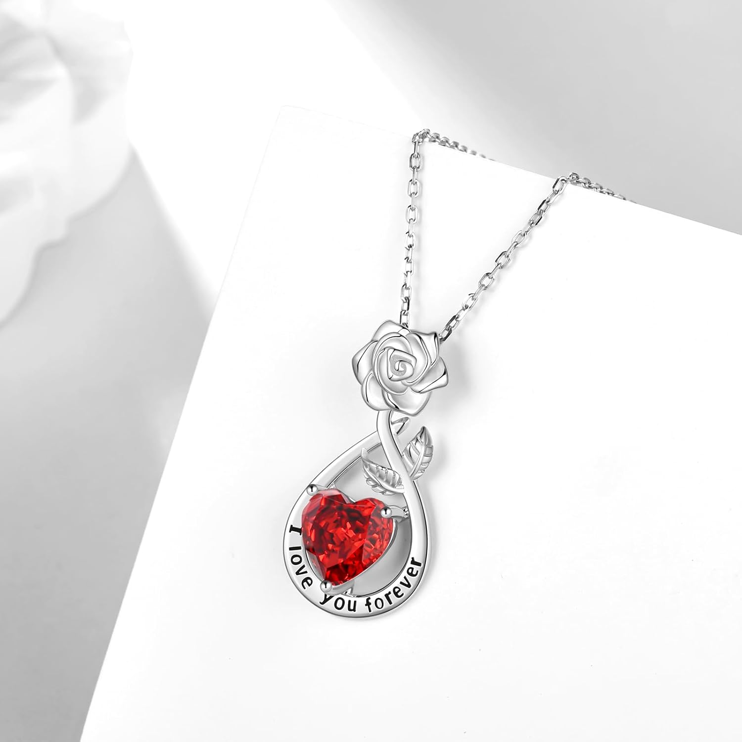 Aurora Tears Birthstone Rose Pendant Necklace - 925 Sterling Silver Rose Cut Heart Cubic Zirconia Love Infinity Drop Necklace Anniversary Birthday Jewelry Gift for Women Wife Mom Daughter - Image 3