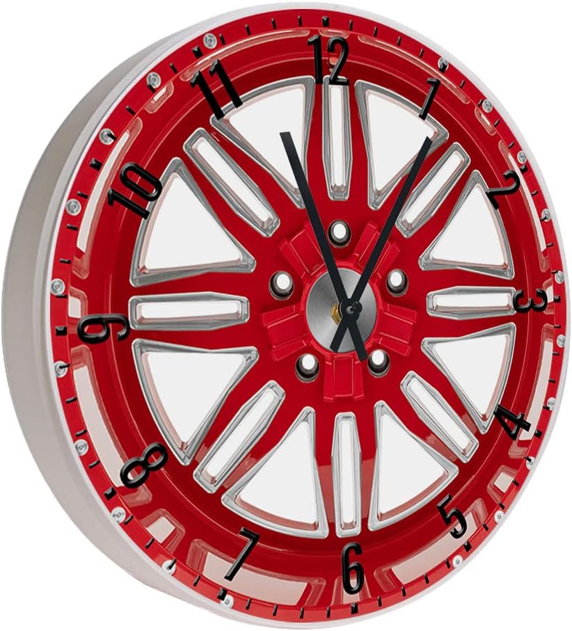 Geek Alerts Red Car Wheel Luminous Wall Clock Mechani Auto Repair Tire 12inch Acrylic Silent Battery Operated Quartz Watch with Backlight for Garage Shop Man Cave Decor Repairman Gift
