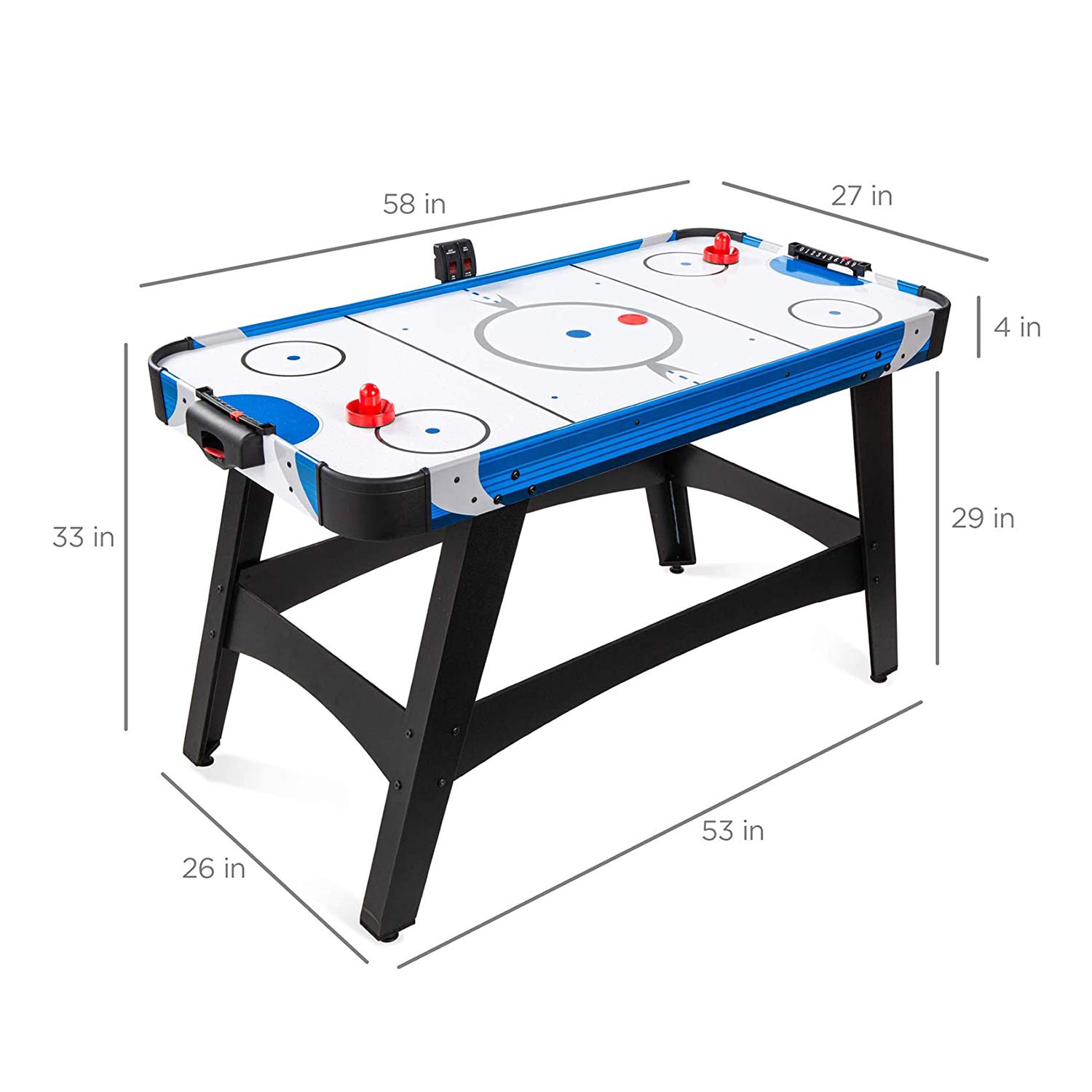 Mesa de hockey de aire estilo arcade de tamaño mediano de 58 pulgadas para sala de juegos, hogar, oficina con 2 discos, 2 empujadores, tablero de puntuación LED digital, potente motor de 12 V, bolsa