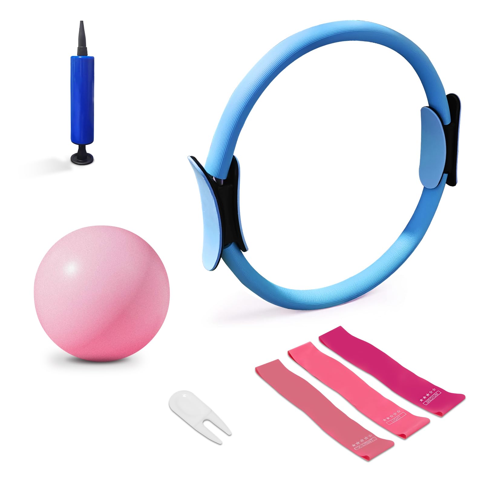 Pilates Ring Set, 40 cm Magic Circle, 9 inch Exercise Ball, 3 Resistance Bands (10/20/30 lbs), Home and Travel Pilates Equipment Kit for Toning, Strength & Flexibility (Blue)