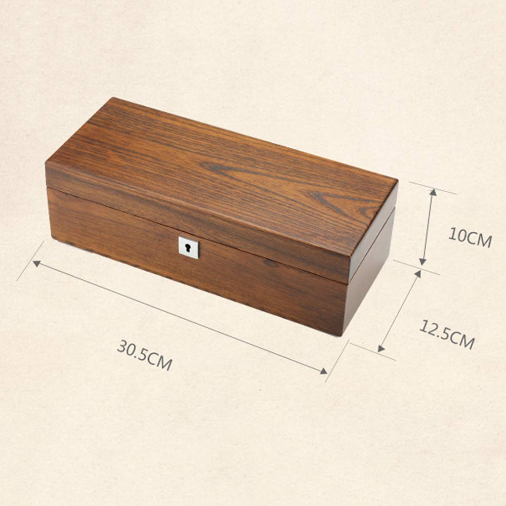 MUSUMI Caja de almacenamiento de exhibición de reloj de 5 ranuras Madera 5 Marrón/Beige Cojines de extracción Suave Cierre de Broche de Metal Vitrina Joyas Pulsera Colecciones Estuches Organizador
