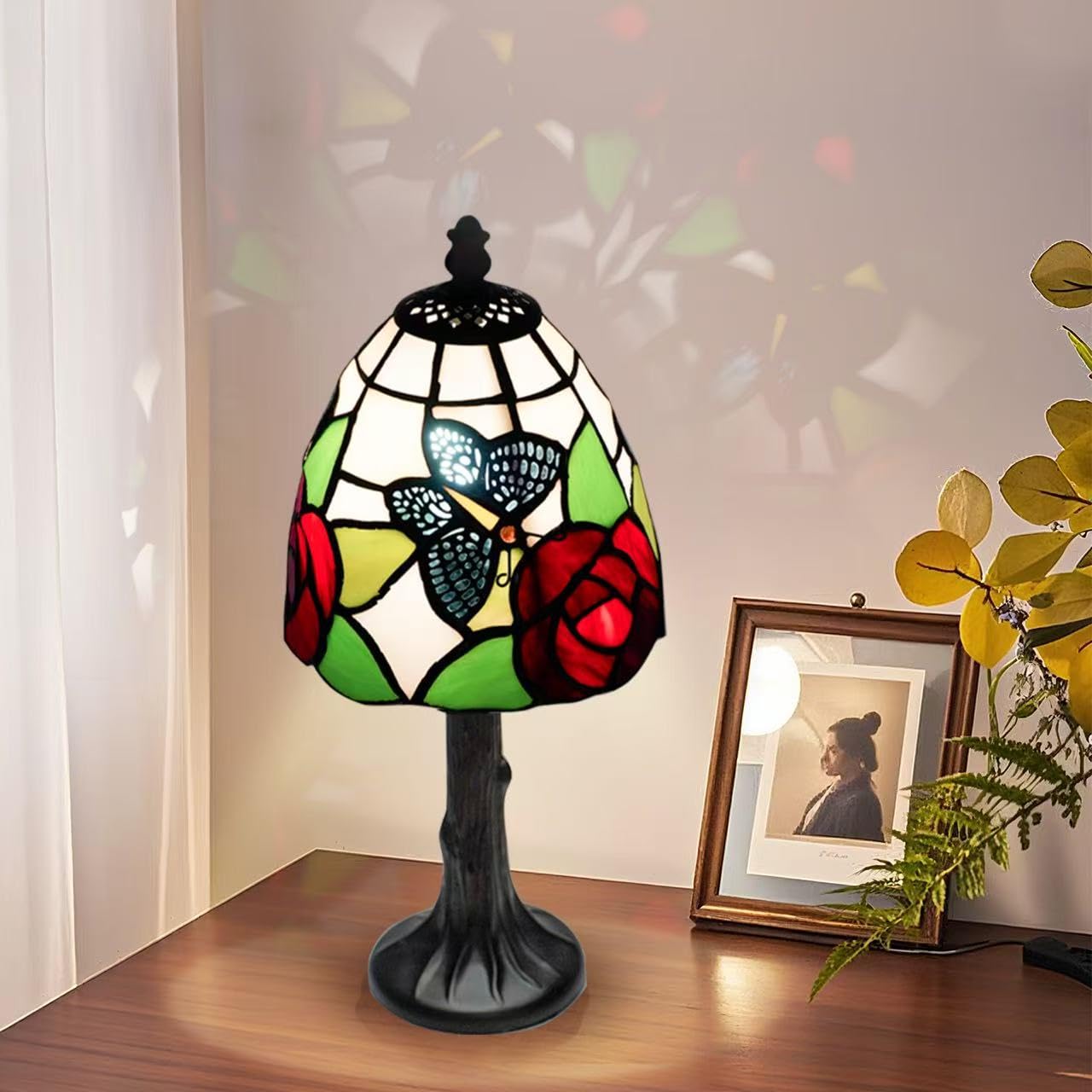 Butterfly Tiffany Style Stained Glass Table Lamp with 6-inch Wide Complicated Design Lampshade Resin Base for Living Room Bedside Home Decoration, Amber Finish, 12-inch Tall