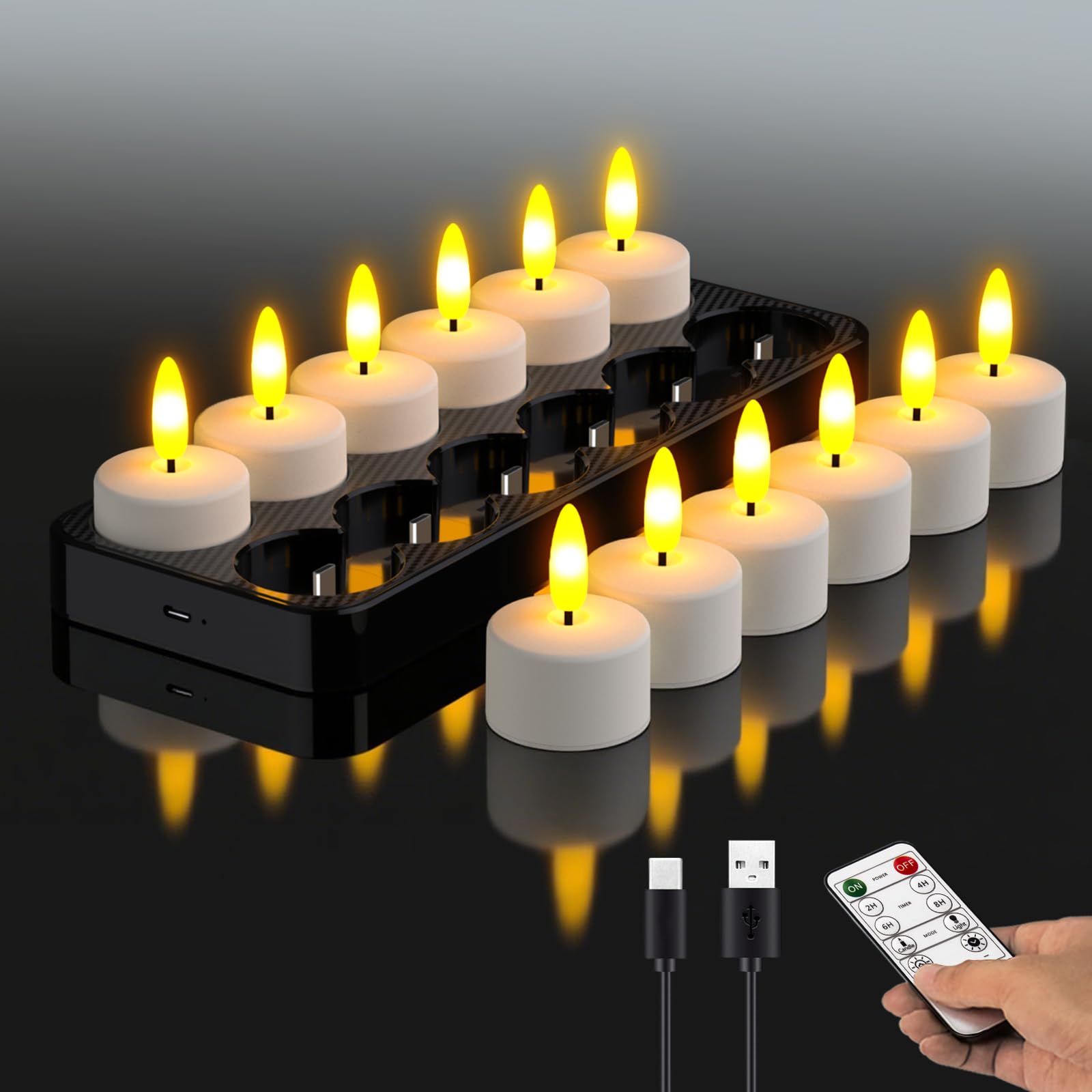 HL LED Teelichter Aufladbare mit Timer & Ladestation, 12er Wiederaufladbar LED Teelichter Kerzen Flackernd mit Fernbedienung Timer für Party Zimmer Wohnzimmer Halloween Weihnachten Deko