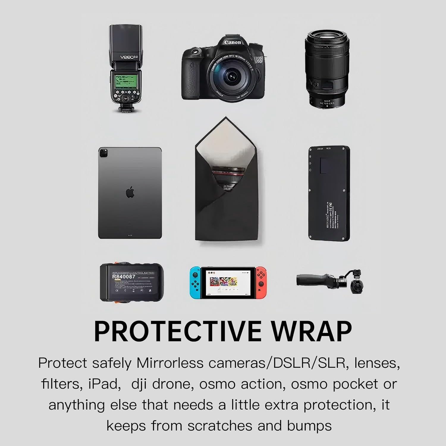 RXBSLZN Self-Adhesive Camera Lens Wrap – Anti-Scratch Protective Cloth, Camera Wrap Lens pouche for DSLR, Phone, Laptop, and Accessories – 21.65x21.65 inch Large, Multictional Capacity Magic Wrap