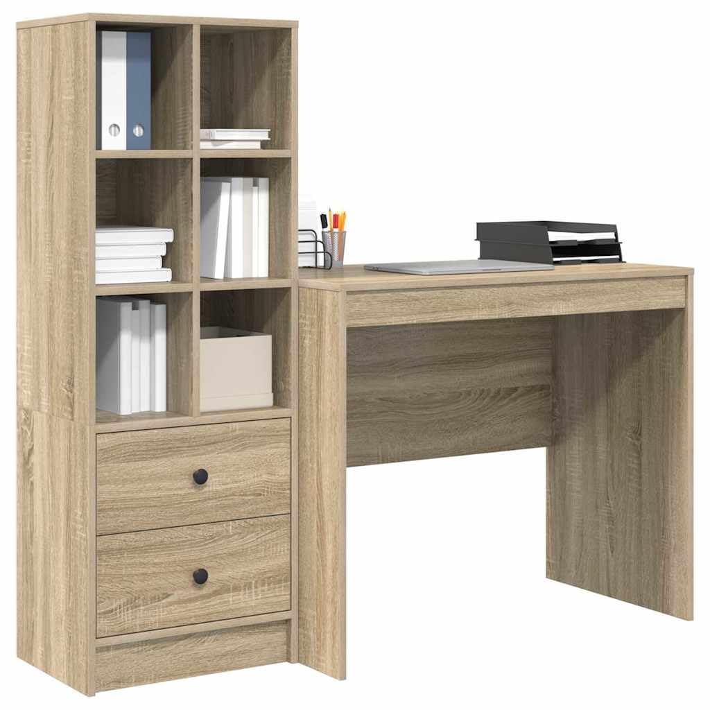 Scrivania con cassetti in rovere Sonoma, 135,5 x 50 x 127 cm, set da 2 pezzi, grande tavolo da ufficio, scrivania per computer, versatile, per ufficio e gioco, con spazio di archiviazione e superficie