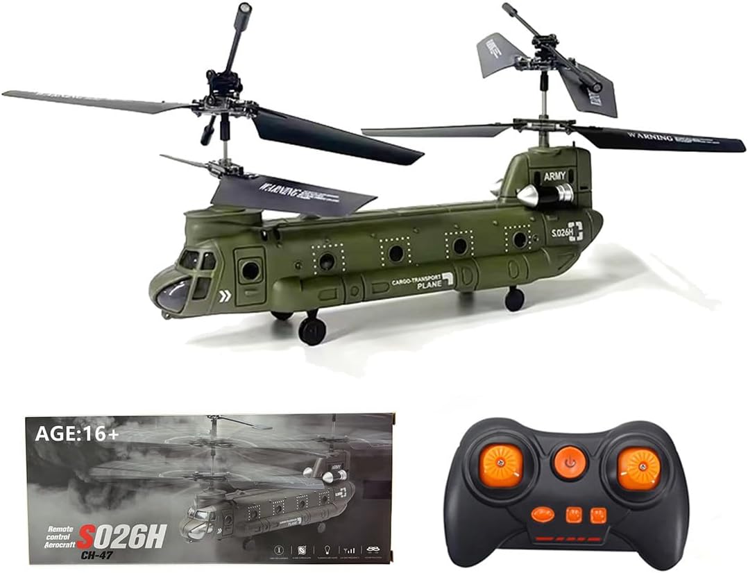 S026H RC Helicopter for Adults, RC Military Helicopter 2.4G 3CH Dual-Rotor Transport Gyro Stabilized RC Airplane Aircraft Model, RC Flying Plane Indoor Outdoor Aerocraft- RTF, Army Green 2
