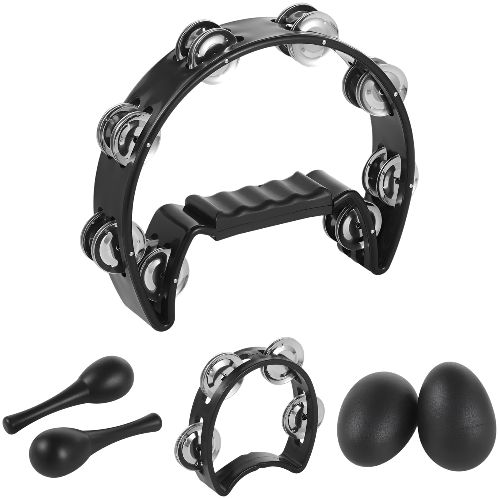 Lot de 6 instruments de percussion, 2 tambourins demi-lune à jingles métalliques, 1 paire de maracas, 1 paire de shakers en forme d'œuf, pour adultes, participants, fêtes, répétitions, sessions