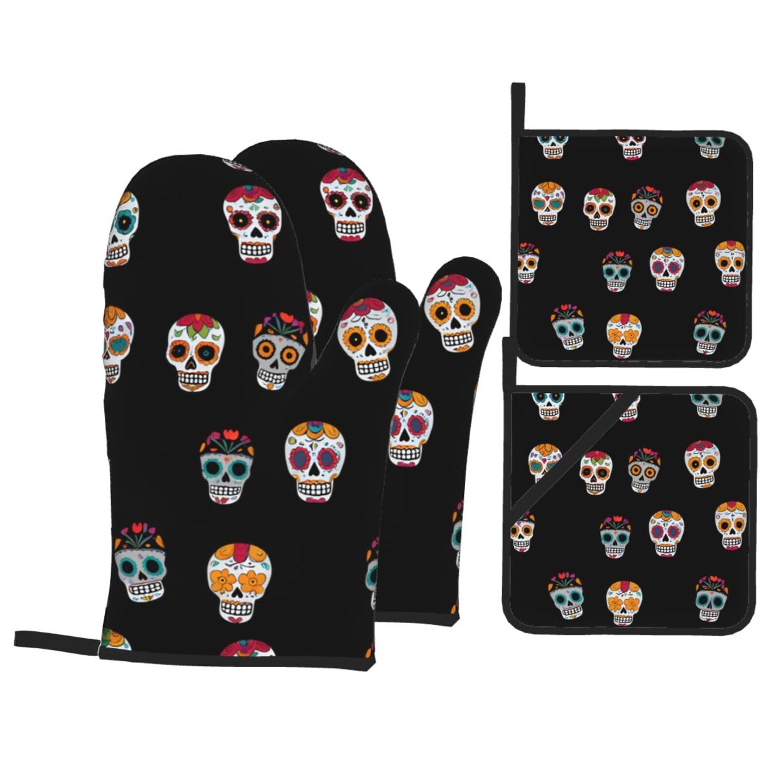 YYHWHJDE Skeleton Gang Printed Kitchen Baking Set of 4 Thick Insulated Oven Mitt & Pot Holders, Anti-Scalding for Microwave, Oven, Outdoor BBQ