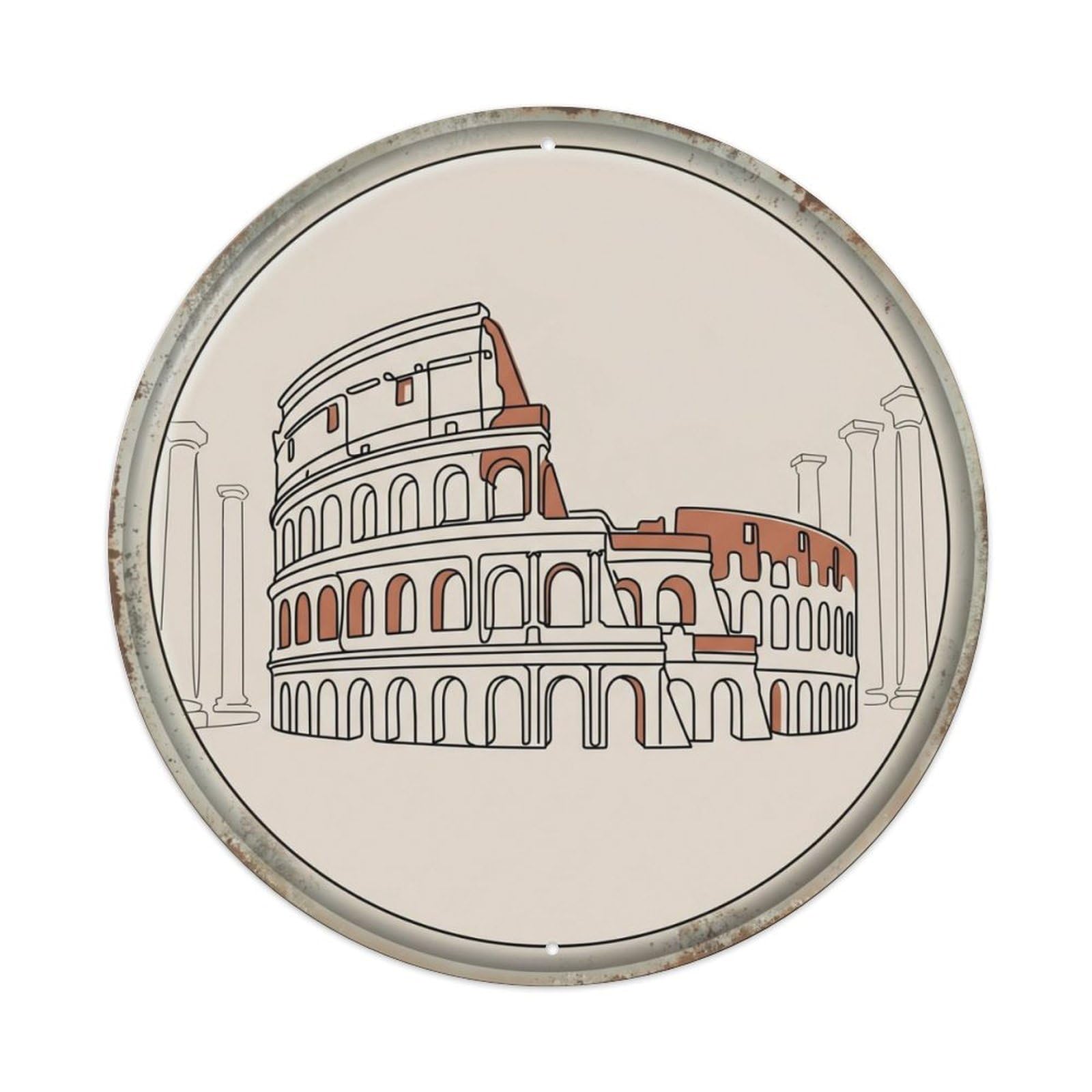 Colosseum Minimalist Forum Travel Metal Tin Sign Plaque Wall Decor for Cafe, Club Bar, Office, Home Garden Round Metal Poster 8x8Inch