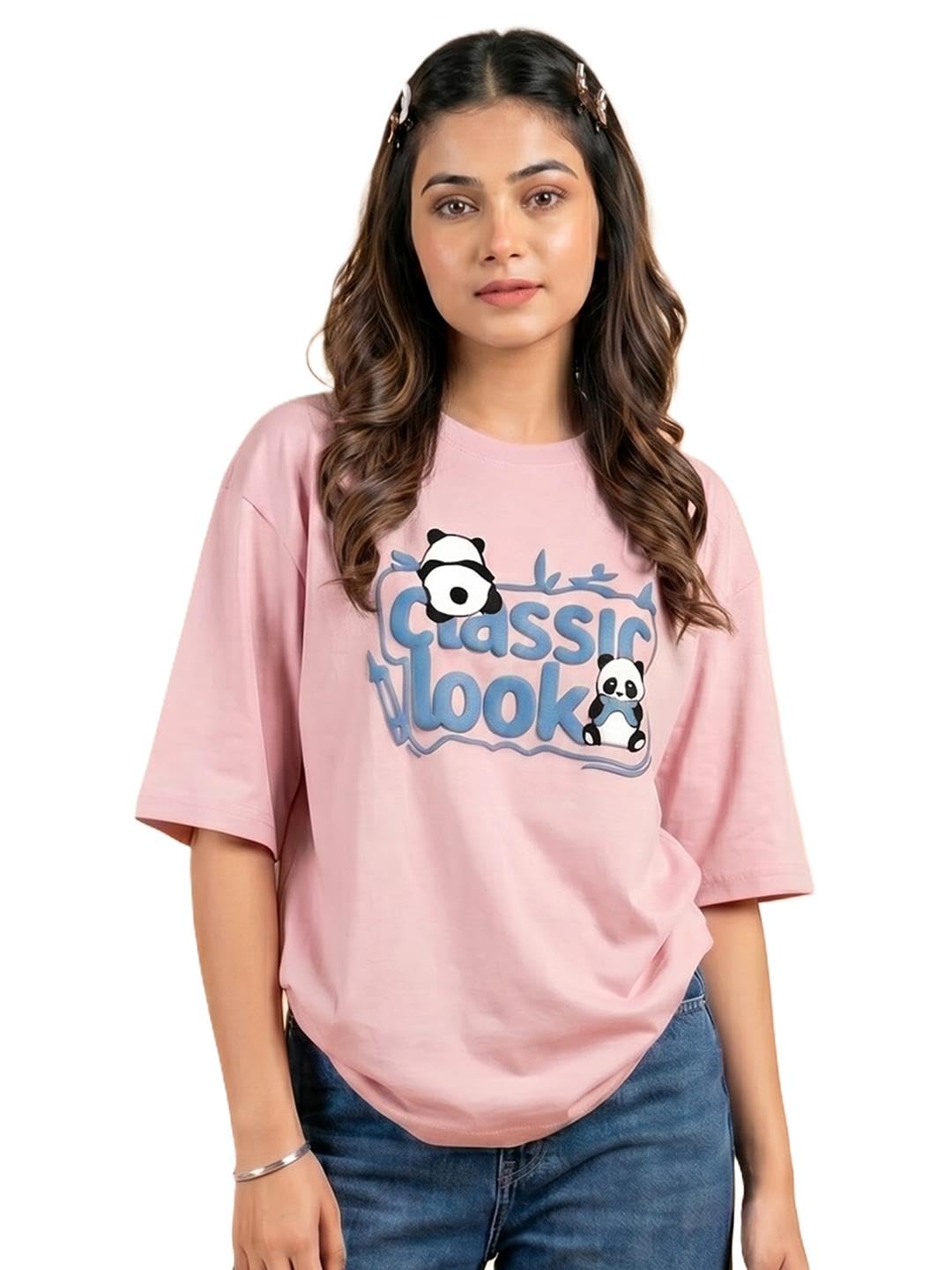 addyvero Women Oversize Panda Printed Drop Sholder Sleeve Casual T-Shirt-picture-19