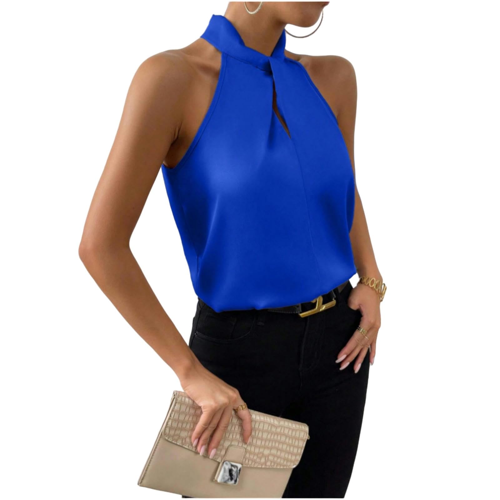 Baodanwuxian Women's Blue Tanks Twist Front Halter Neck Silk Satin Top-S