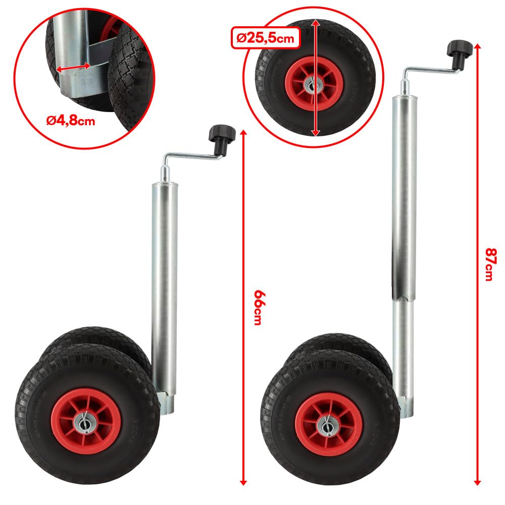 Roue Jockey double - Tube métal 48mm - Pneus increvable 260x85mm - Pour caravane et remorque