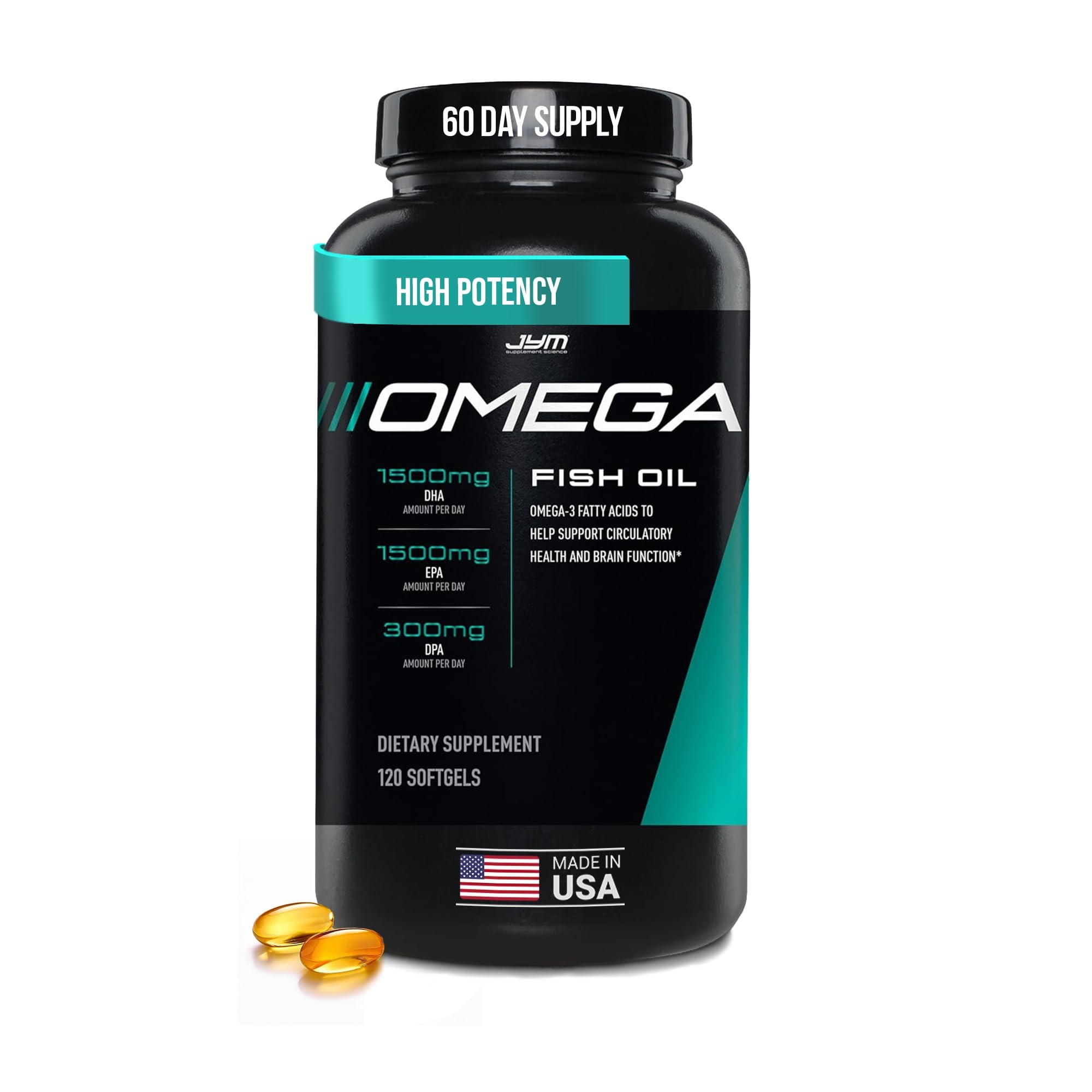 JYM Supplement Science Omega JYM Fish Oil 2800mg, High Potency Omega 3, EPA, DHA, DPA for Brain, Heart, & Joint Support 120 Soft Gels