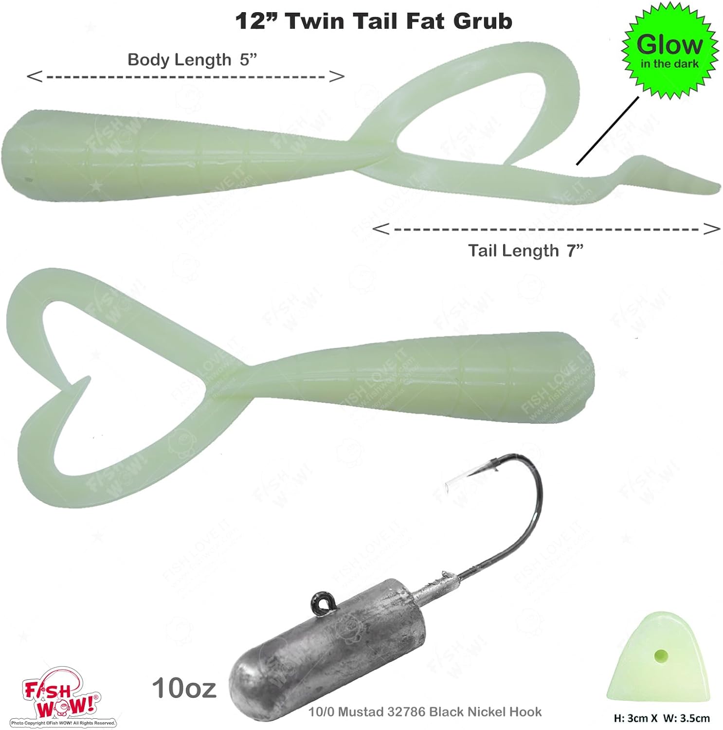 10oz Bullet Jighead 10/0 MUSTAD Hook + 2pcs 3oz Twin Tail Heavy Grub 12" (with Tail Extended) 9" scampi Fat Lure