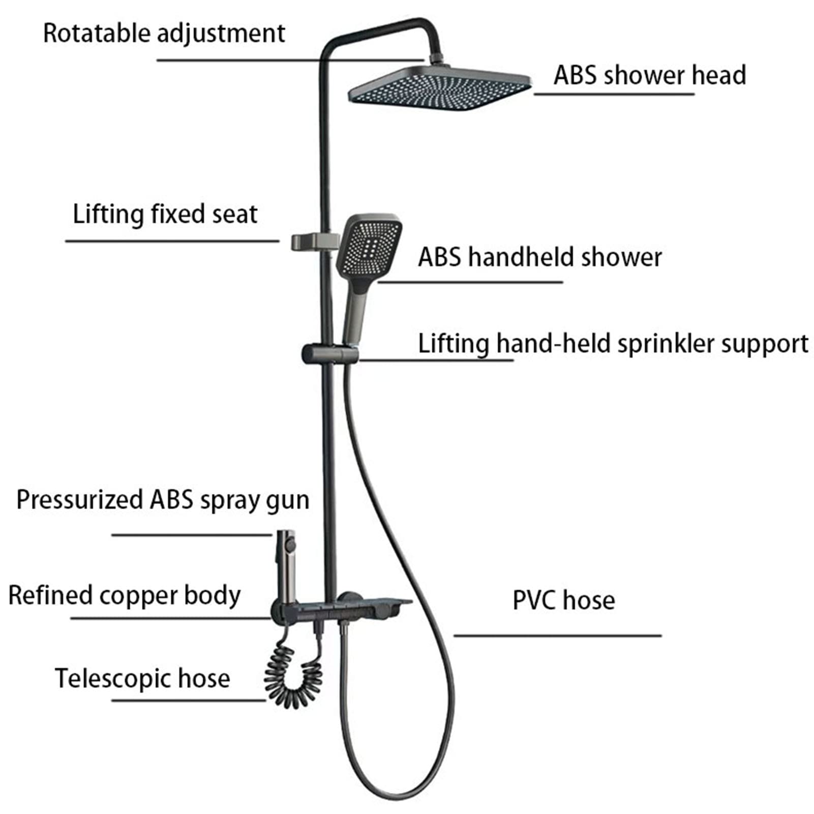 Set Rubinetto Doccia con Display Digitale, Set di Tasti per Pianoforte a 4 funzioni, doccetta a Pioggia, beccuccio per Vasca da Bagno con Bidet, Vasca da Bagno Grigia