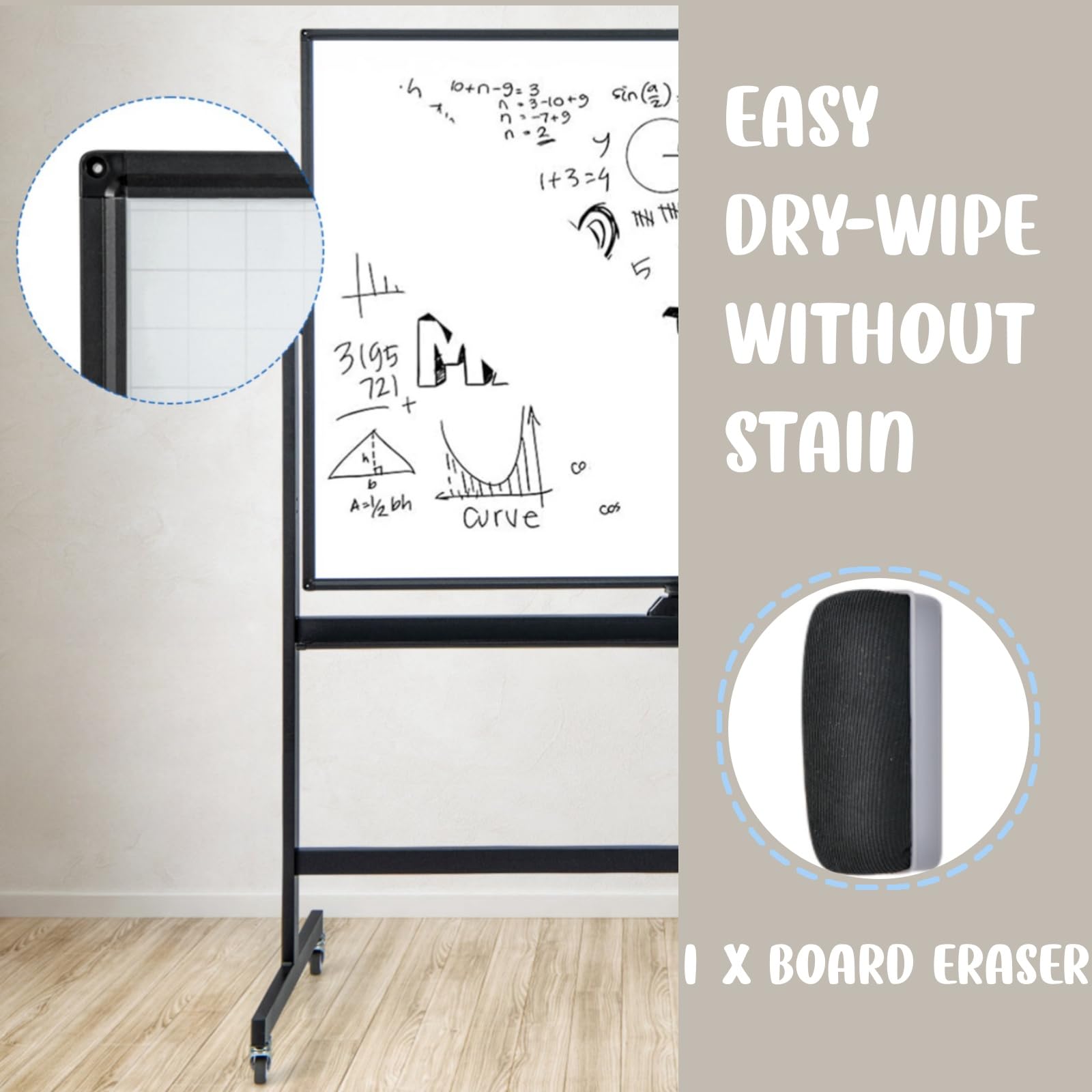 LIFEZEAL Doppelseitige Magnettafel, Whiteboard um 360 Grad drehbar, Magnetische Tafel auf Rollen, Magnetwand mit verstellbarer Höhe 161/181 cm, abwischbare Tafel (Schwarz, 120 x 90 cm)