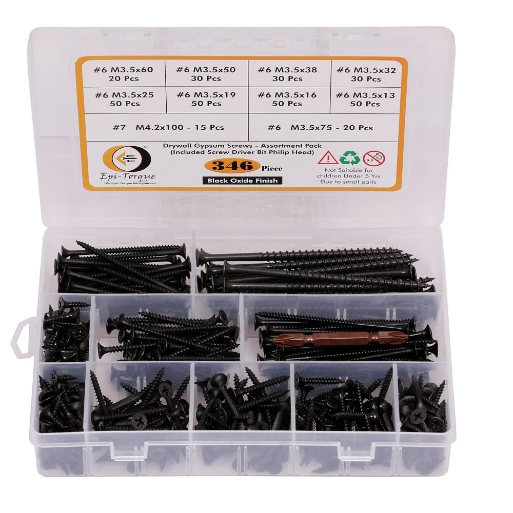 Drywall Gypsum Screws Sharp Point Self Tapping Carbon Steel Assortment Set Phillips Bugle Head, Wood, Furniture and Cabinet (Black) -Pack of 346 Pcs
