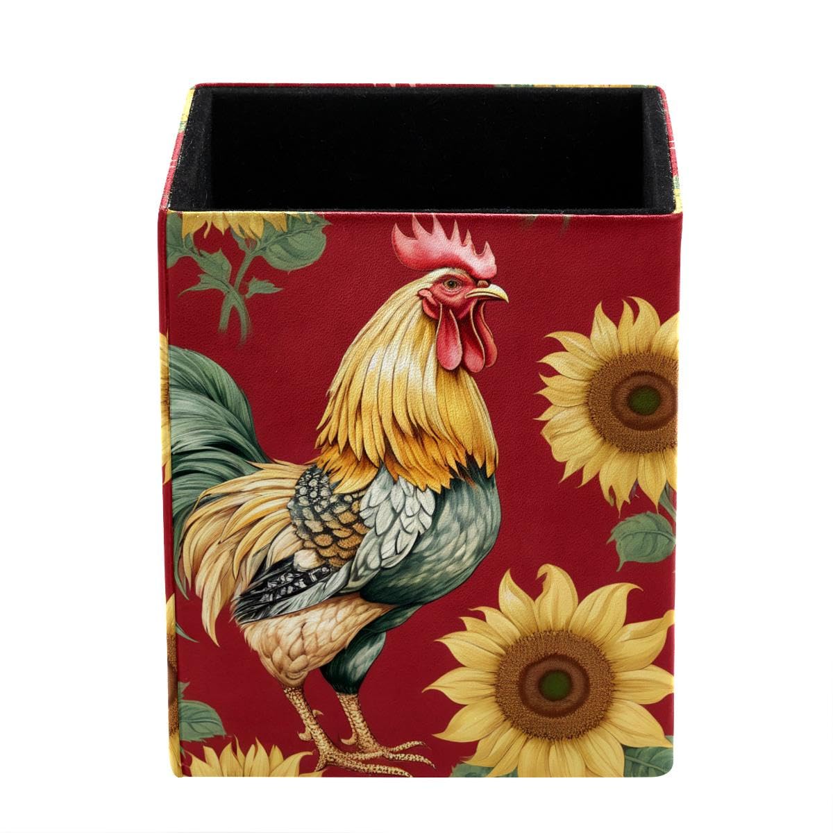 HEOEH Rooster Sunflowers Pen Holder Pen Pot, Square Pencil Cup for Desk