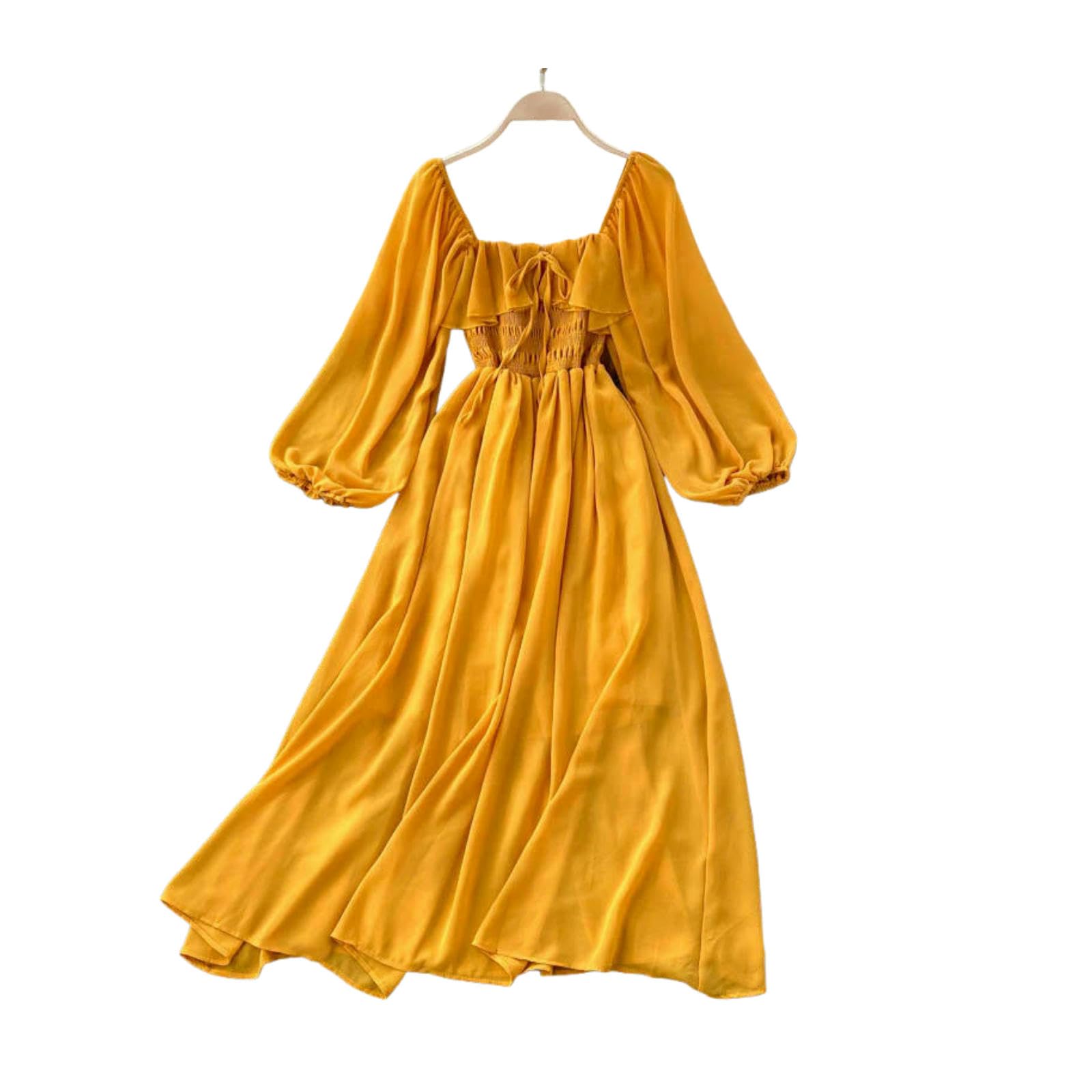 Vestiti a Maniche Lunghe Eleganti Abiti da Colletto Quadrata Donne Solid Chiffon Sfumo 2025 Seach Party Vintage Ruffle Vestidos Y2k