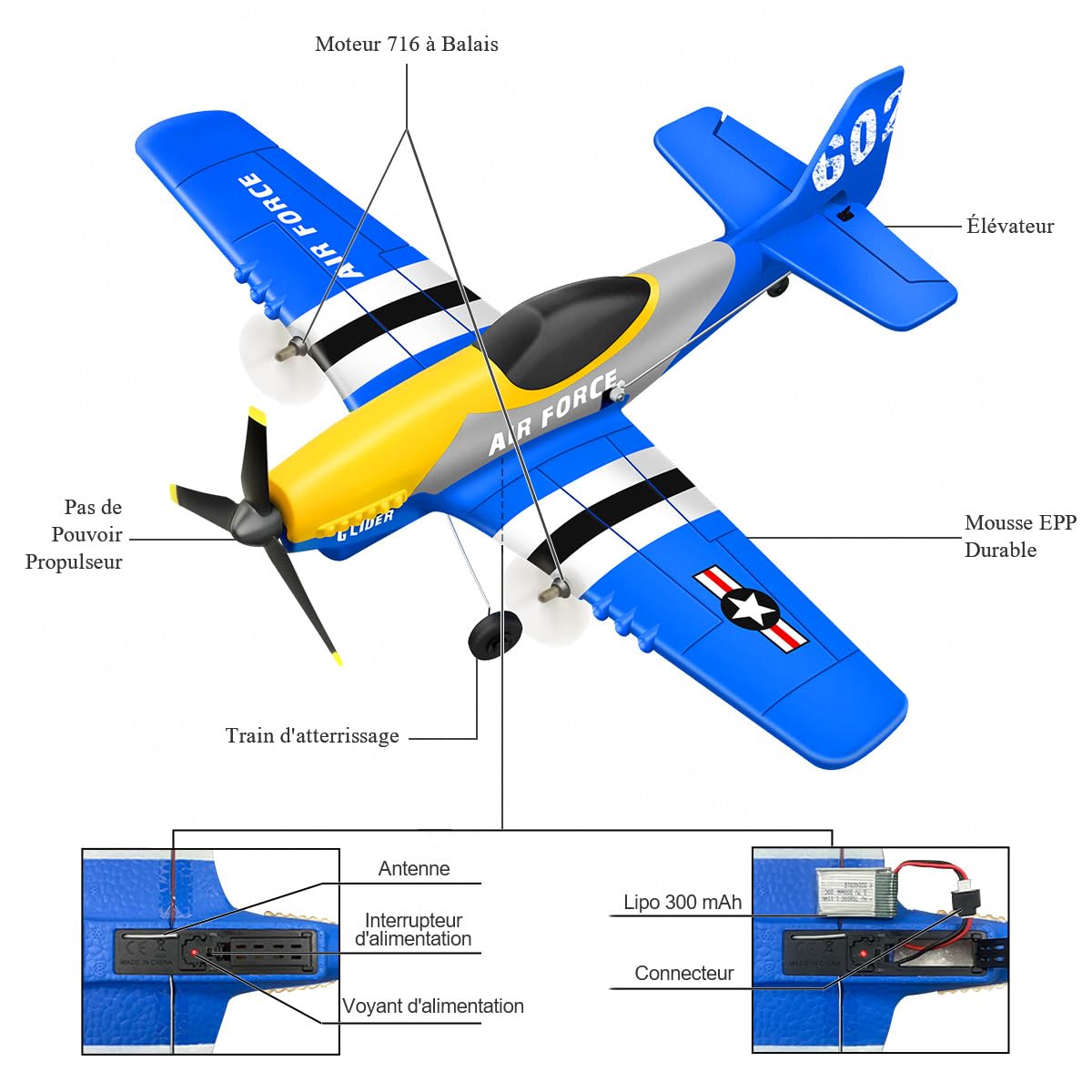 HAWK'S WORK P-51D Mustang 3 Canaux Avion RC Télécommandé Prêt à Voler 2,4GHz Gyro Stabilisateur 6 Axes