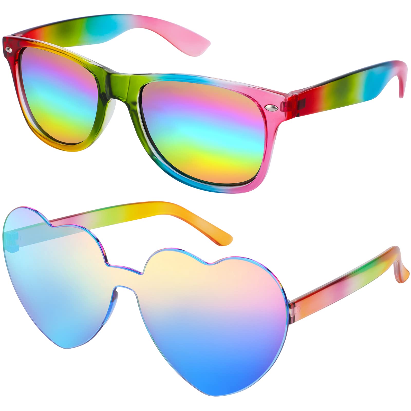 Hifot Colored Sunglasses Set, Heart Shaped Rimless Sunglasses + Rainbow Retro Sunglasses